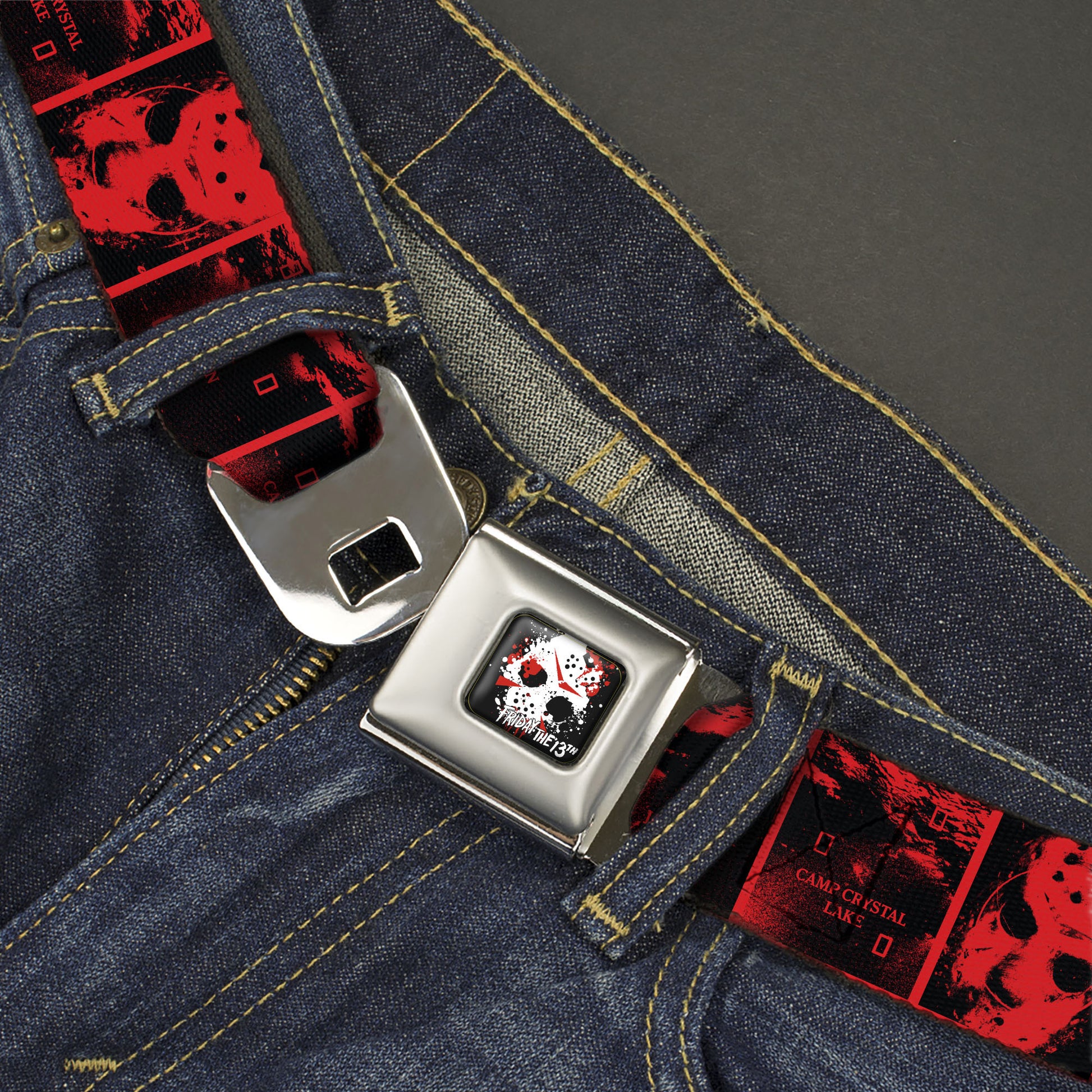 FRIDAY THE 13TH Title Logo Full Color Black/Red/White Seatbelt Belt - Friday the 13th CAMP CRYSTAL LAKE JASON Blocks Black/Red Webbing Seatbelt Belts Friday the 13th
