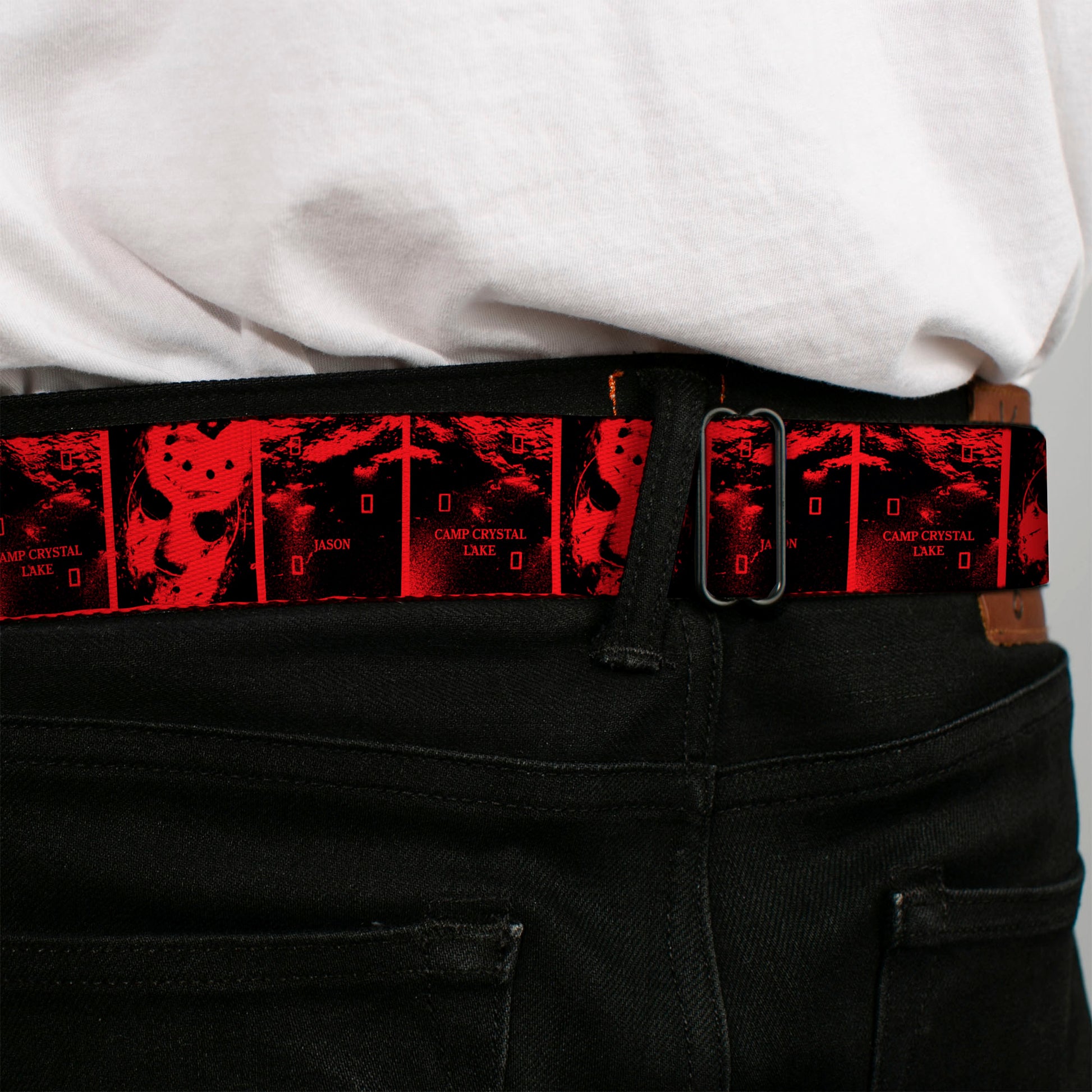FRIDAY THE 13TH Title Logo Full Color Black/Red/White Seatbelt Belt - Friday the 13th CAMP CRYSTAL LAKE JASON Blocks Black/Red Webbing Seatbelt Belts Friday the 13th
