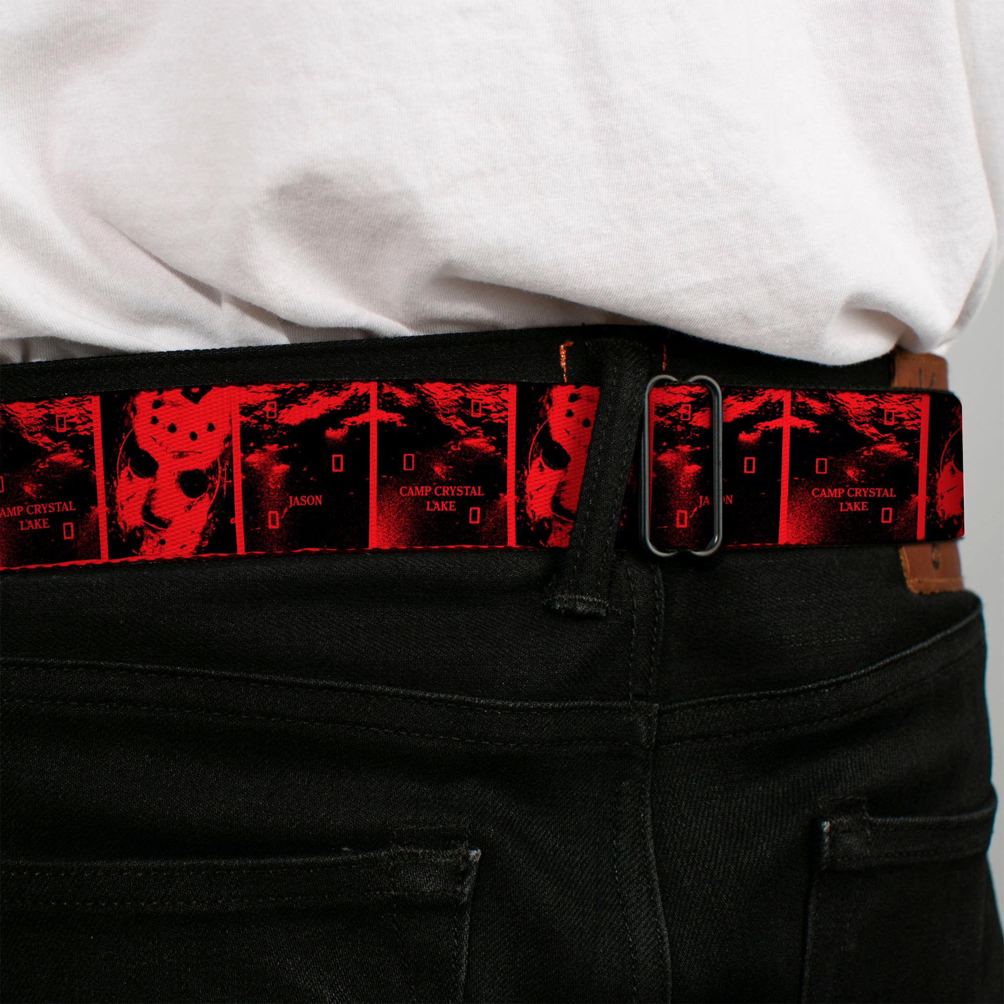 FRIDAY THE 13TH Title Logo Full Color Black/Red/White Seatbelt Belt - Friday the 13th CAMP CRYSTAL LAKE JASON Blocks Black/Red Webbing Seatbelt Belts Friday the 13th