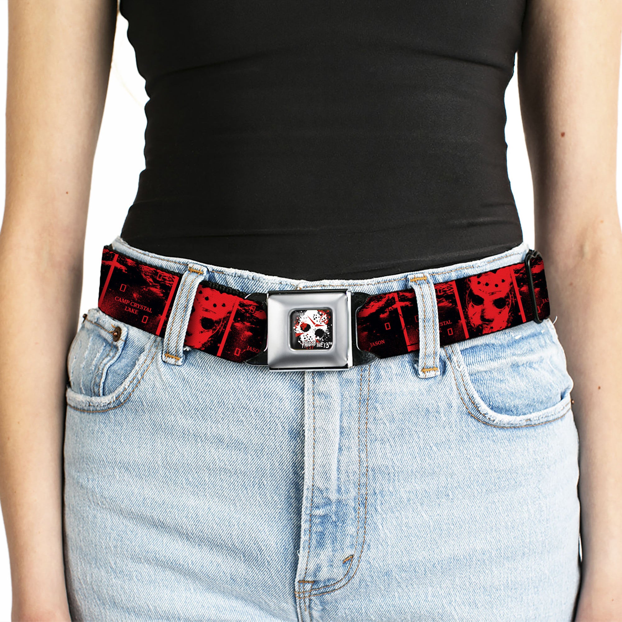 FRIDAY THE 13TH Title Logo Full Color Black/Red/White Seatbelt Belt - Friday the 13th CAMP CRYSTAL LAKE JASON Blocks Black/Red Webbing Seatbelt Belts Friday the 13th
