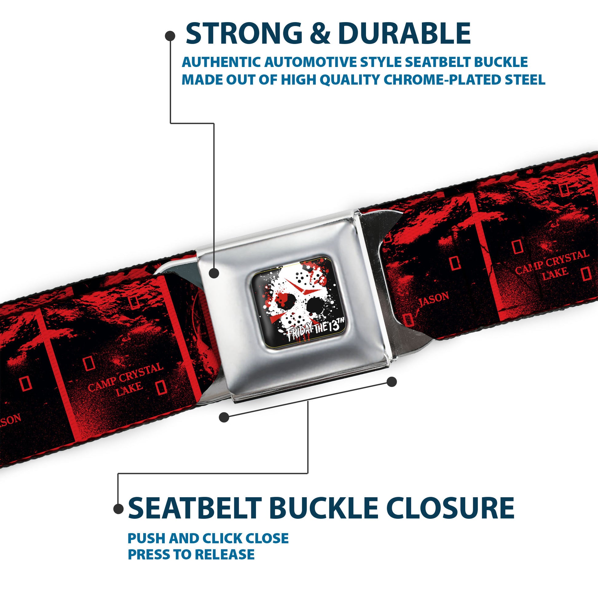 FRIDAY THE 13TH Title Logo Full Color Black/Red/White Seatbelt Belt - Friday the 13th CAMP CRYSTAL LAKE JASON Blocks Black/Red Webbing Seatbelt Belts Friday the 13th