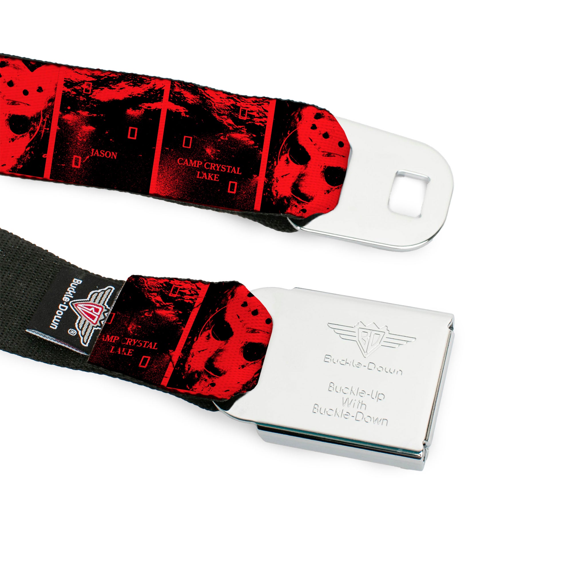 FRIDAY THE 13TH Title Logo Full Color Black/Red/White Seatbelt Belt - Friday the 13th CAMP CRYSTAL LAKE JASON Blocks Black/Red Webbing Seatbelt Belts Friday the 13th