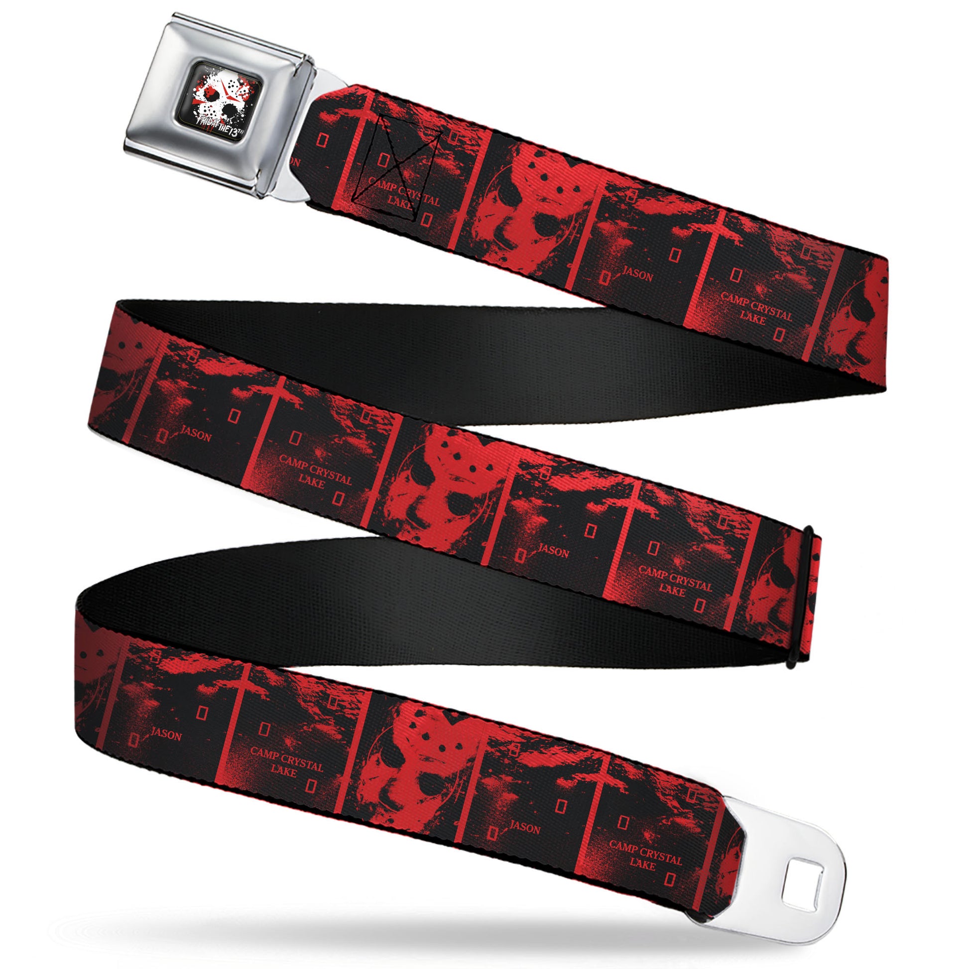 FRIDAY THE 13TH Title Logo Full Color Black/Red/White Seatbelt Belt - Friday the 13th CAMP CRYSTAL LAKE JASON Blocks Black/Red Webbing Seatbelt Belts Friday the 13th