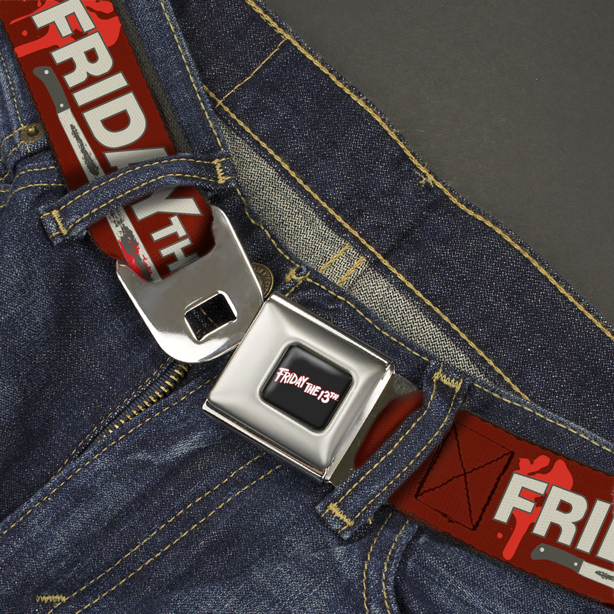 FRIDAY THE 13TH Title Logo Full Color Black/Red/White Seatbelt Belt - FRIDAY THE 13TH Mask and Machete Icons Red/Pink/White Webbing Seatbelt Belts Friday the 13th