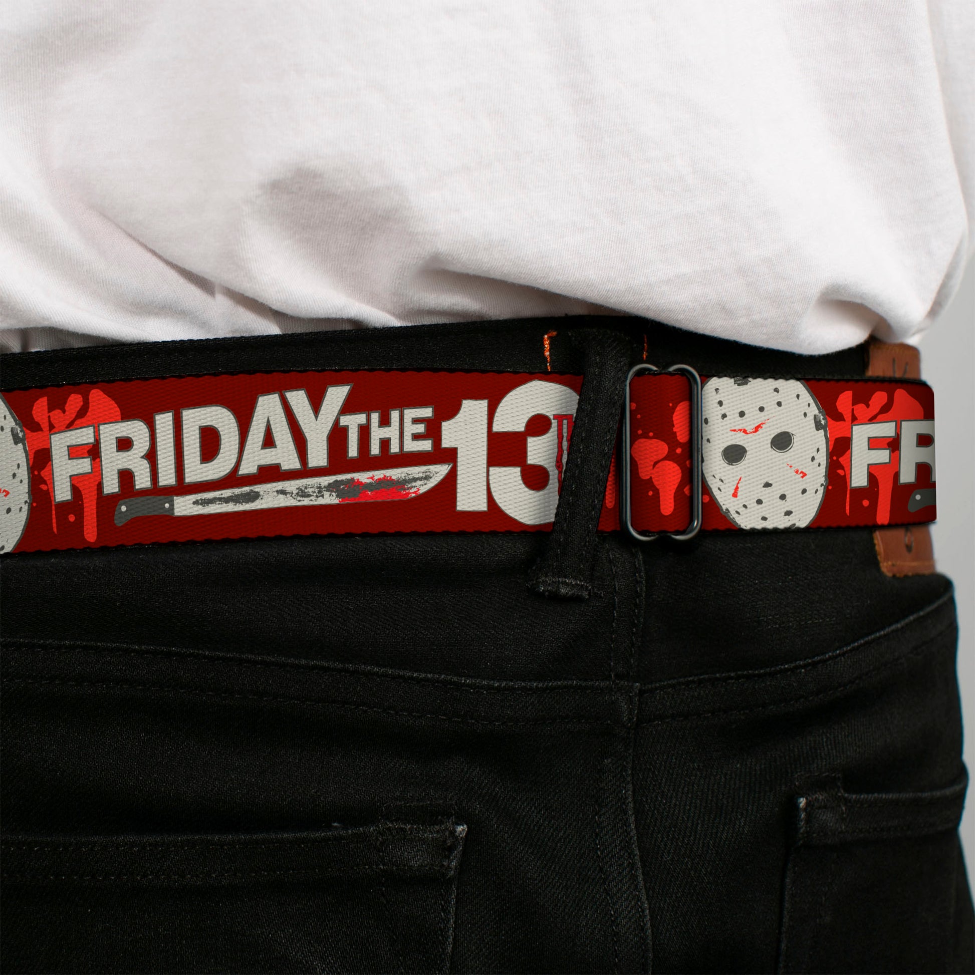 FRIDAY THE 13TH Title Logo Full Color Black/Red/White Seatbelt Belt - FRIDAY THE 13TH Mask and Machete Icons Red/Pink/White Webbing Seatbelt Belts Friday the 13th