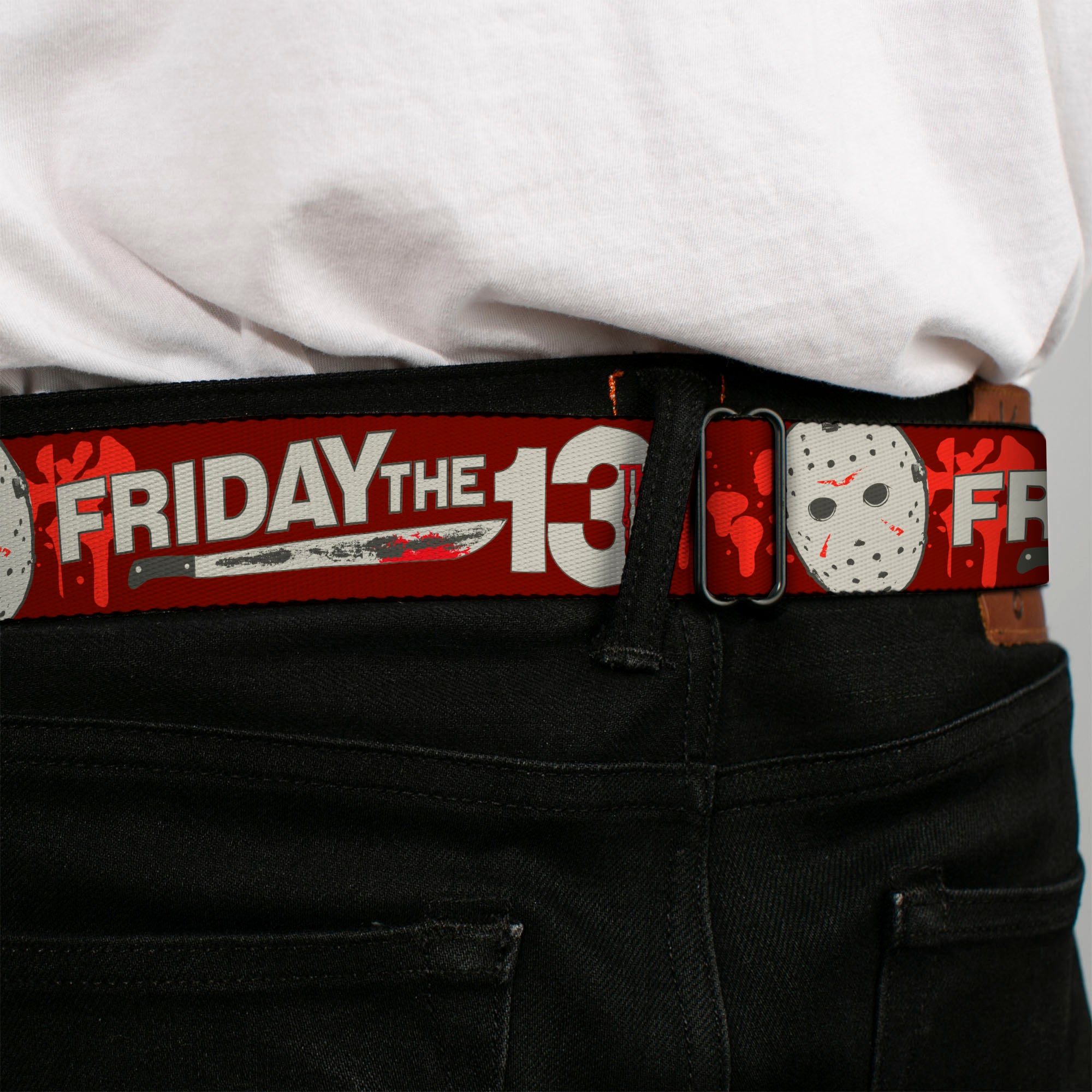 FRIDAY THE 13TH Title Logo Full Color Black/Red/White Seatbelt Belt - FRIDAY THE 13TH Mask and Machete Icons Red/Pink/White Webbing Seatbelt Belts Friday the 13th