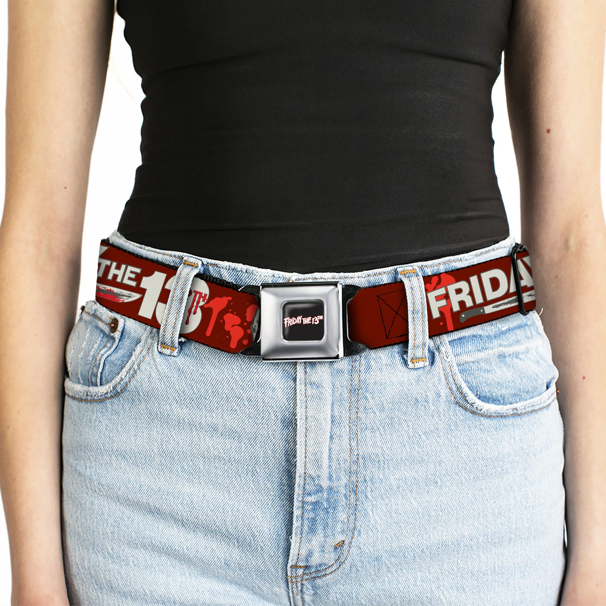 FRIDAY THE 13TH Title Logo Full Color Black/Red/White Seatbelt Belt - FRIDAY THE 13TH Mask and Machete Icons Red/Pink/White Webbing Seatbelt Belts Friday the 13th