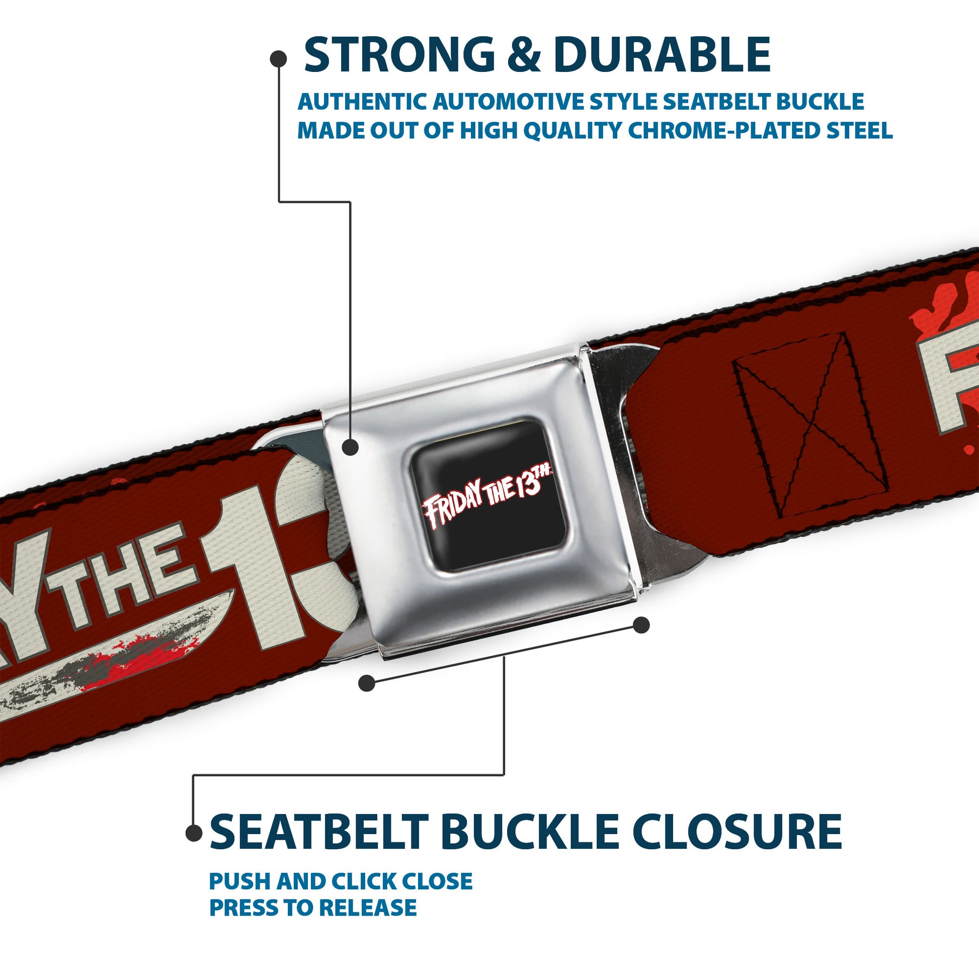 FRIDAY THE 13TH Title Logo Full Color Black/Red/White Seatbelt Belt - FRIDAY THE 13TH Mask and Machete Icons Red/Pink/White Webbing Seatbelt Belts Friday the 13th