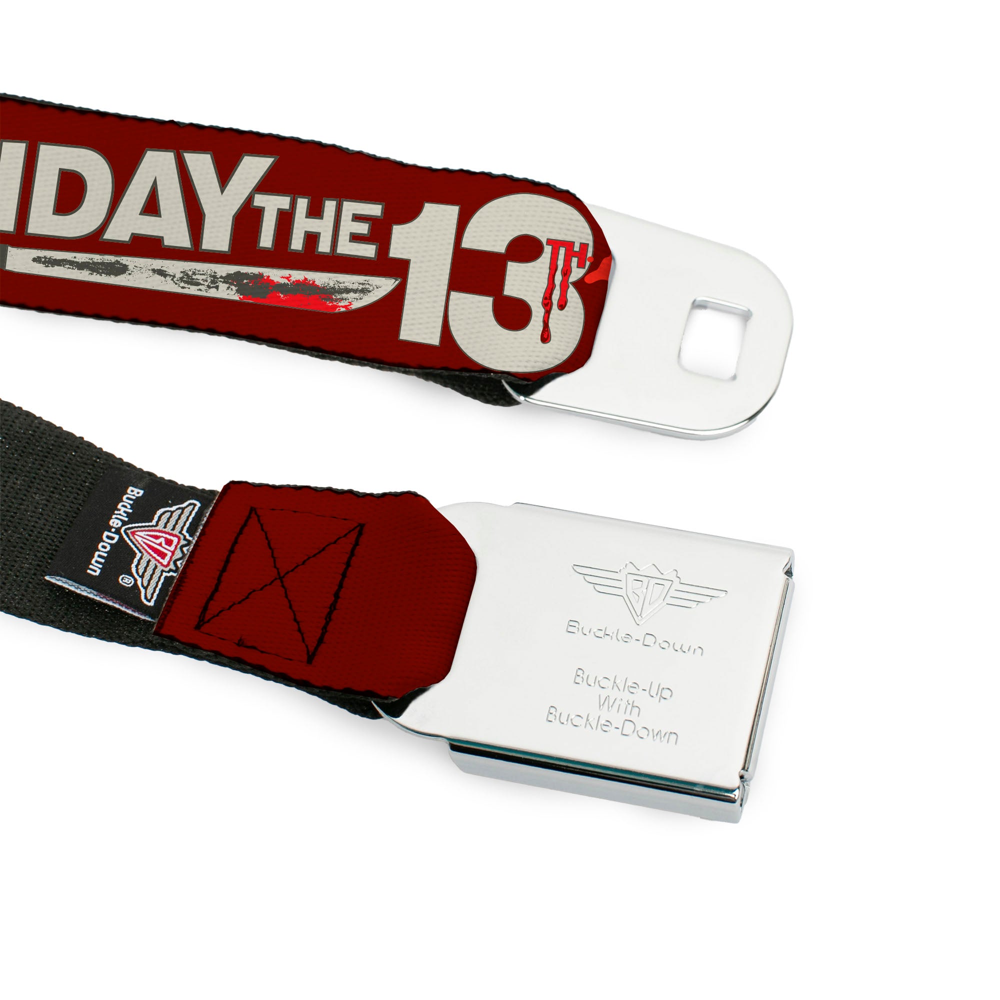 FRIDAY THE 13TH Title Logo Full Color Black/Red/White Seatbelt Belt - FRIDAY THE 13TH Mask and Machete Icons Red/Pink/White Webbing Seatbelt Belts Friday the 13th