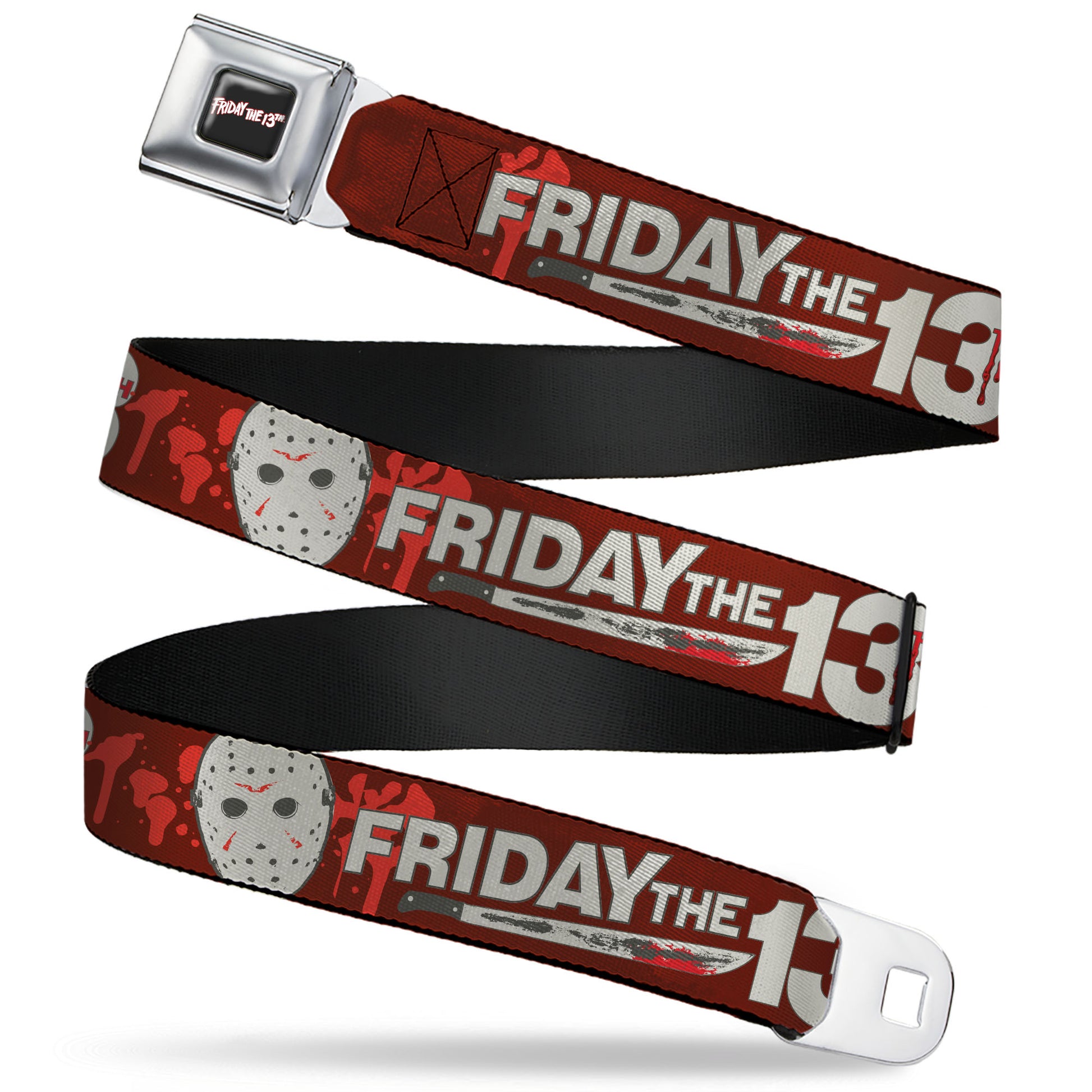 FRIDAY THE 13TH Title Logo Full Color Black/Red/White Seatbelt Belt - FRIDAY THE 13TH Mask and Machete Icons Red/Pink/White Webbing Seatbelt Belts Friday the 13th