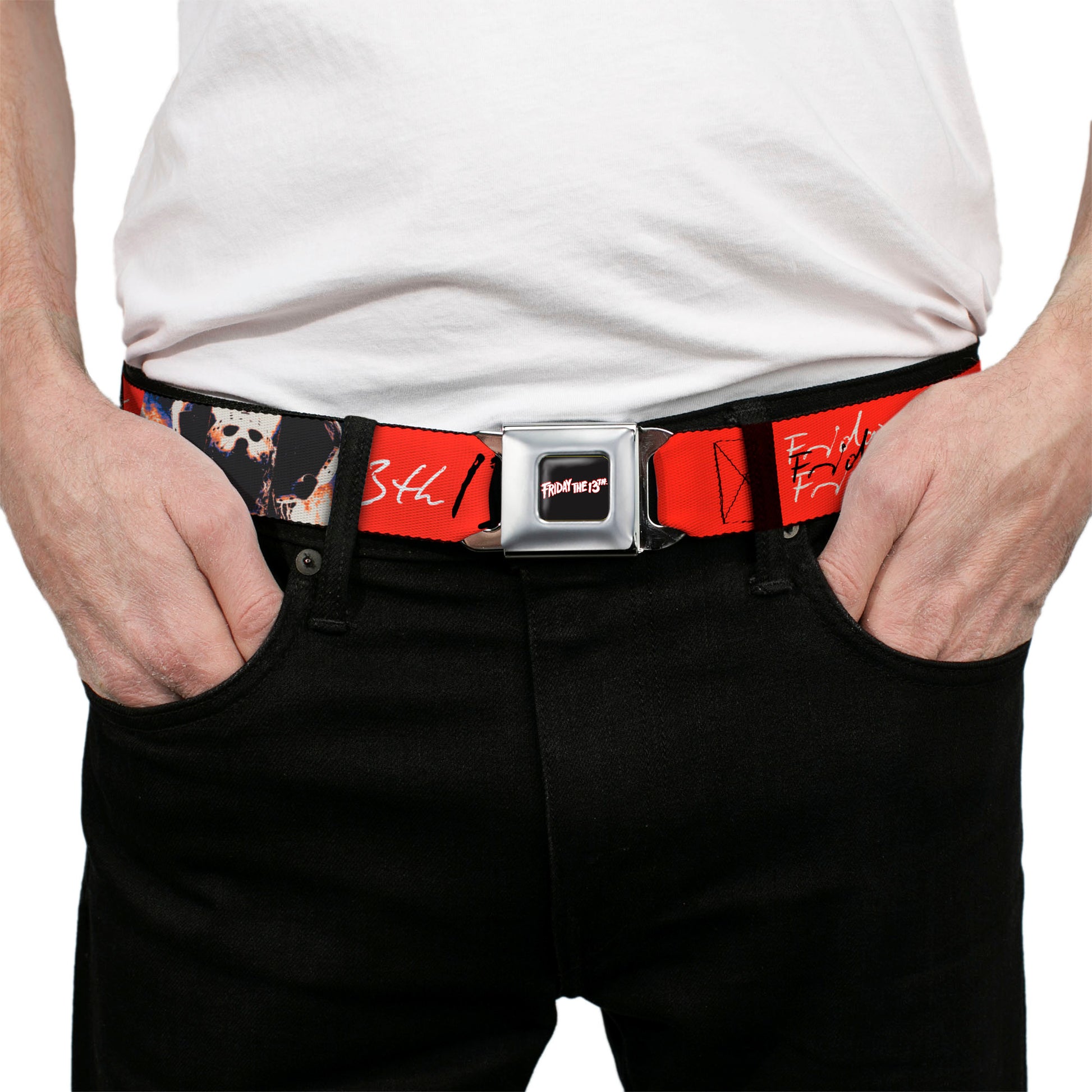 FRIDAY THE 13TH Title Logo Full Color Black/Red/White Seatbelt Belt - FRIDAY THE 13TH Jason Mask and Script Blocks Red/Black/White Webbing Seatbelt Belts Friday the 13th