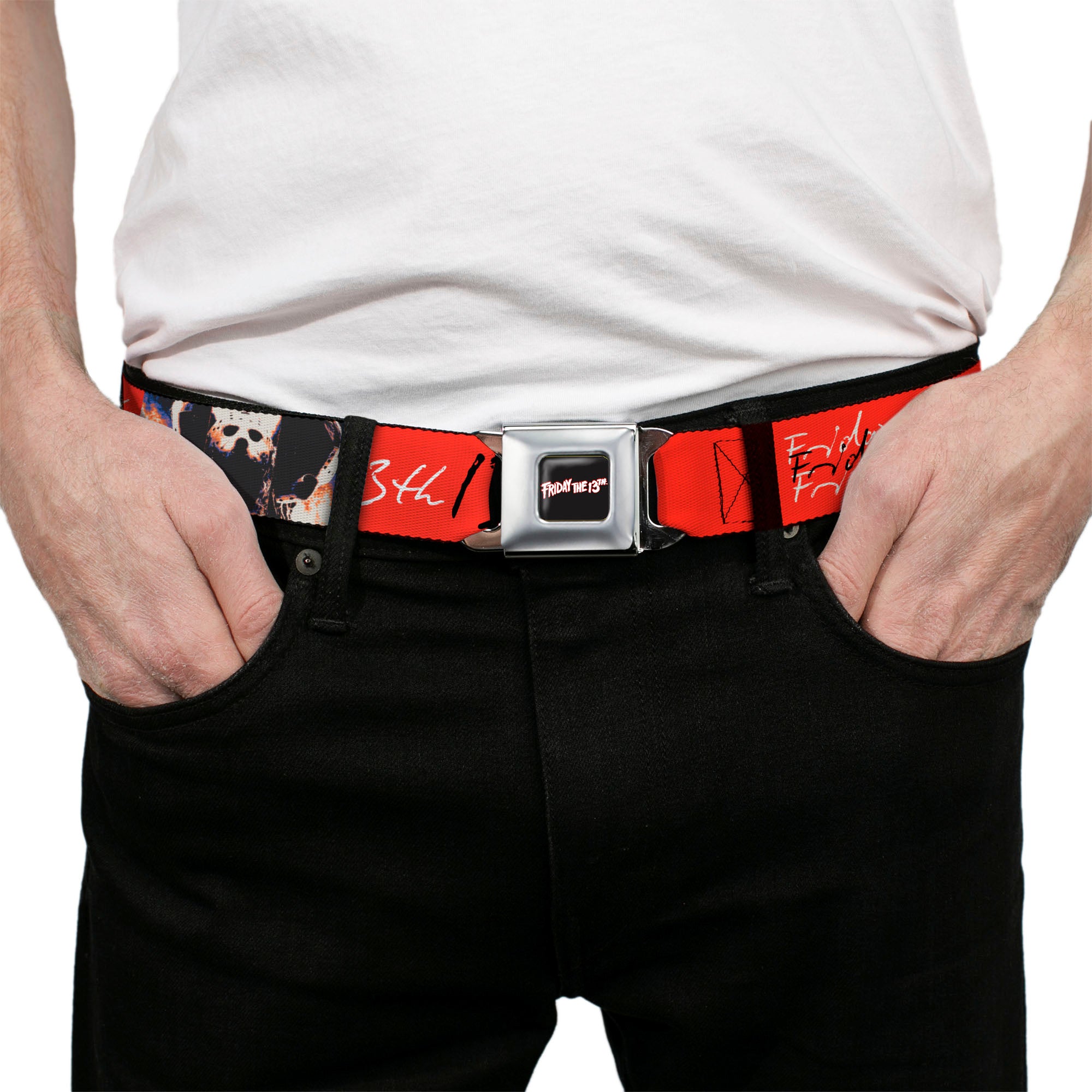 FRIDAY THE 13TH Title Logo Full Color Black/Red/White Seatbelt Belt - FRIDAY THE 13TH Jason Mask and Script Blocks Red/Black/White Webbing Seatbelt Belts Friday the 13th