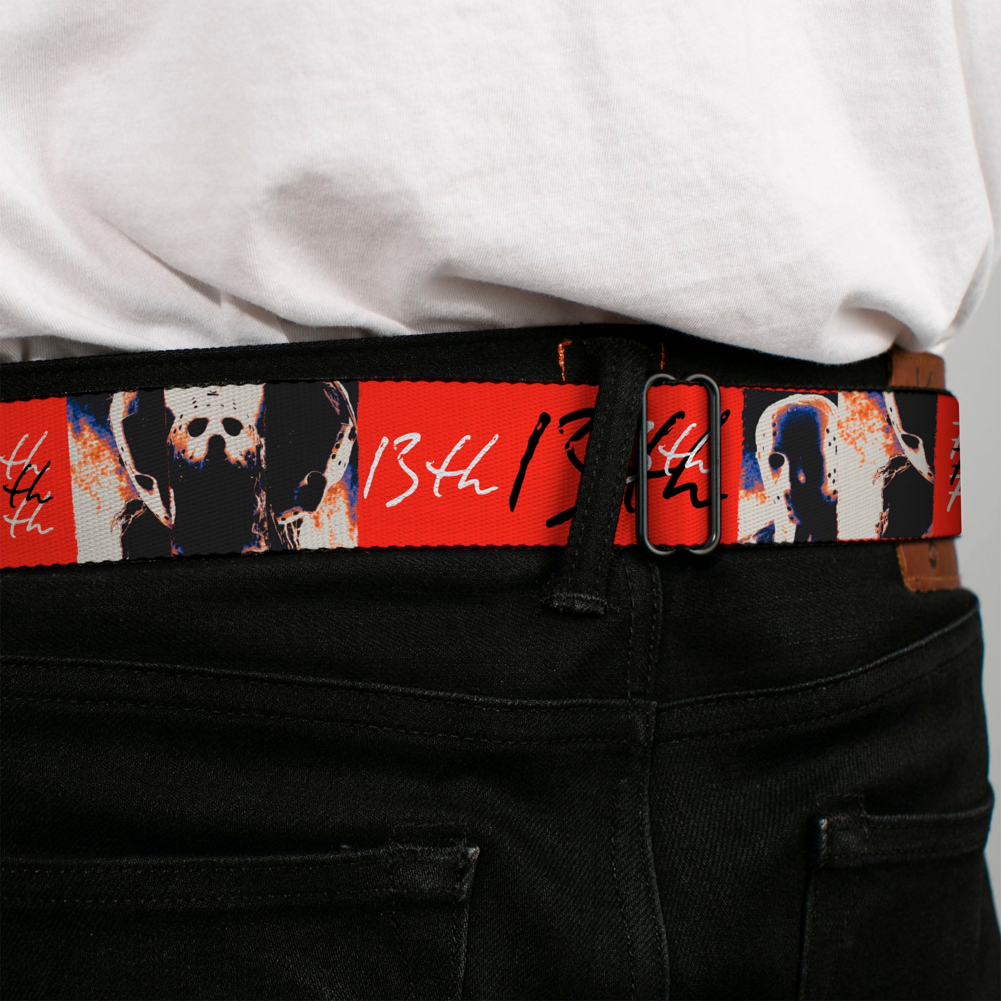 FRIDAY THE 13TH Title Logo Full Color Black/Red/White Seatbelt Belt - FRIDAY THE 13TH Jason Mask and Script Blocks Red/Black/White Webbing Seatbelt Belts Friday the 13th