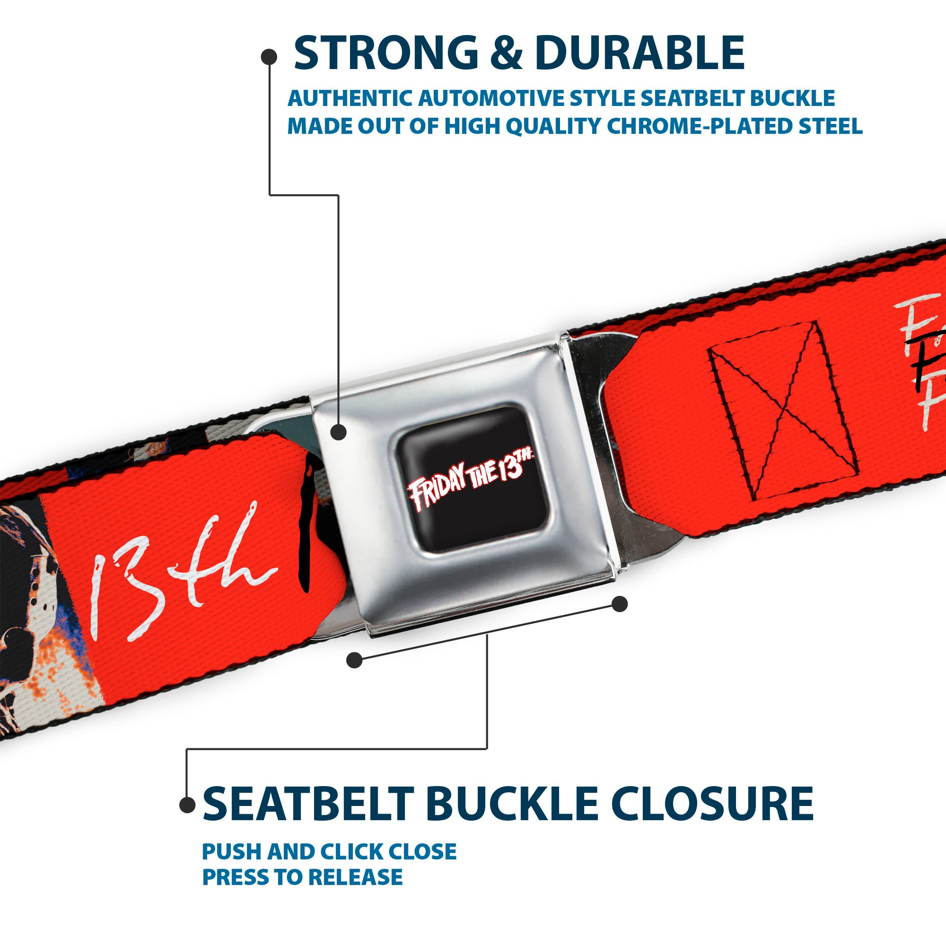 FRIDAY THE 13TH Title Logo Full Color Black/Red/White Seatbelt Belt - FRIDAY THE 13TH Jason Mask and Script Blocks Red/Black/White Webbing Seatbelt Belts Friday the 13th