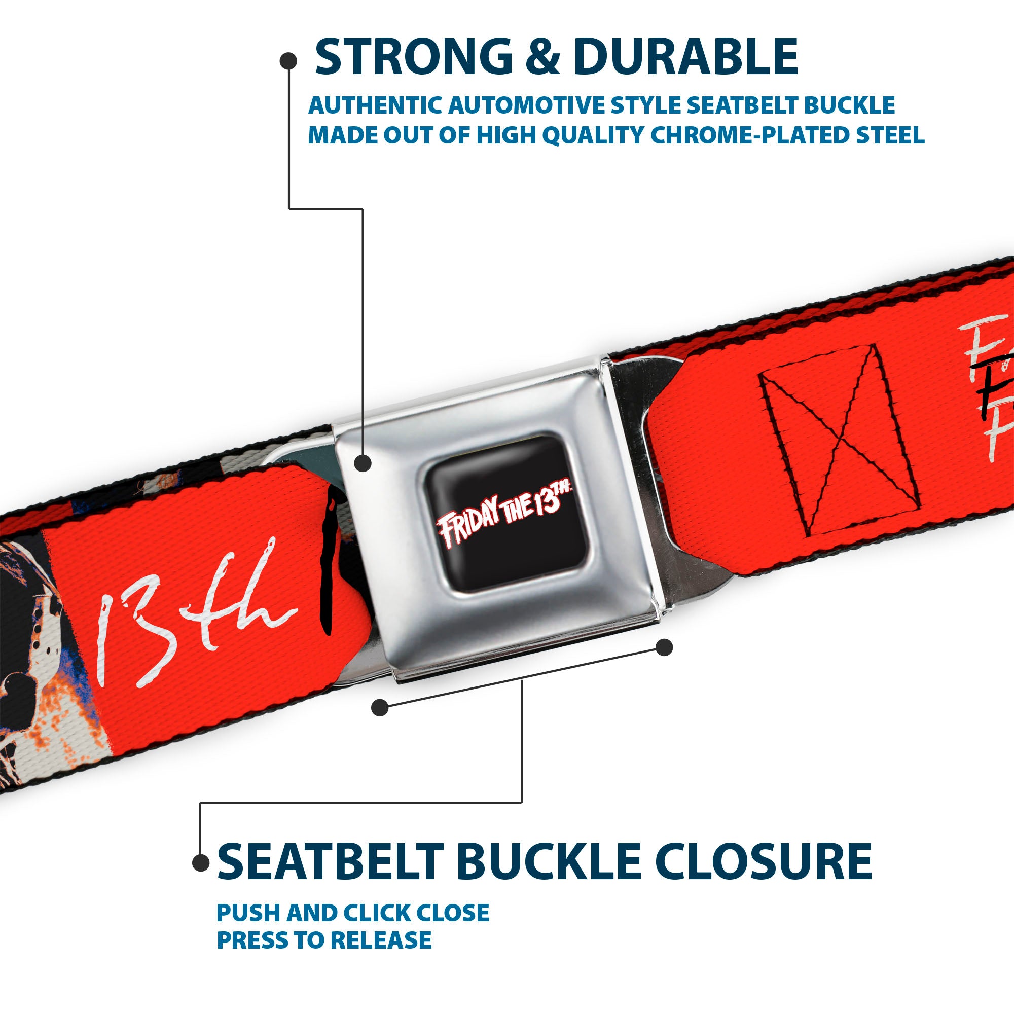 FRIDAY THE 13TH Title Logo Full Color Black/Red/White Seatbelt Belt - FRIDAY THE 13TH Jason Mask and Script Blocks Red/Black/White Webbing Seatbelt Belts Friday the 13th
