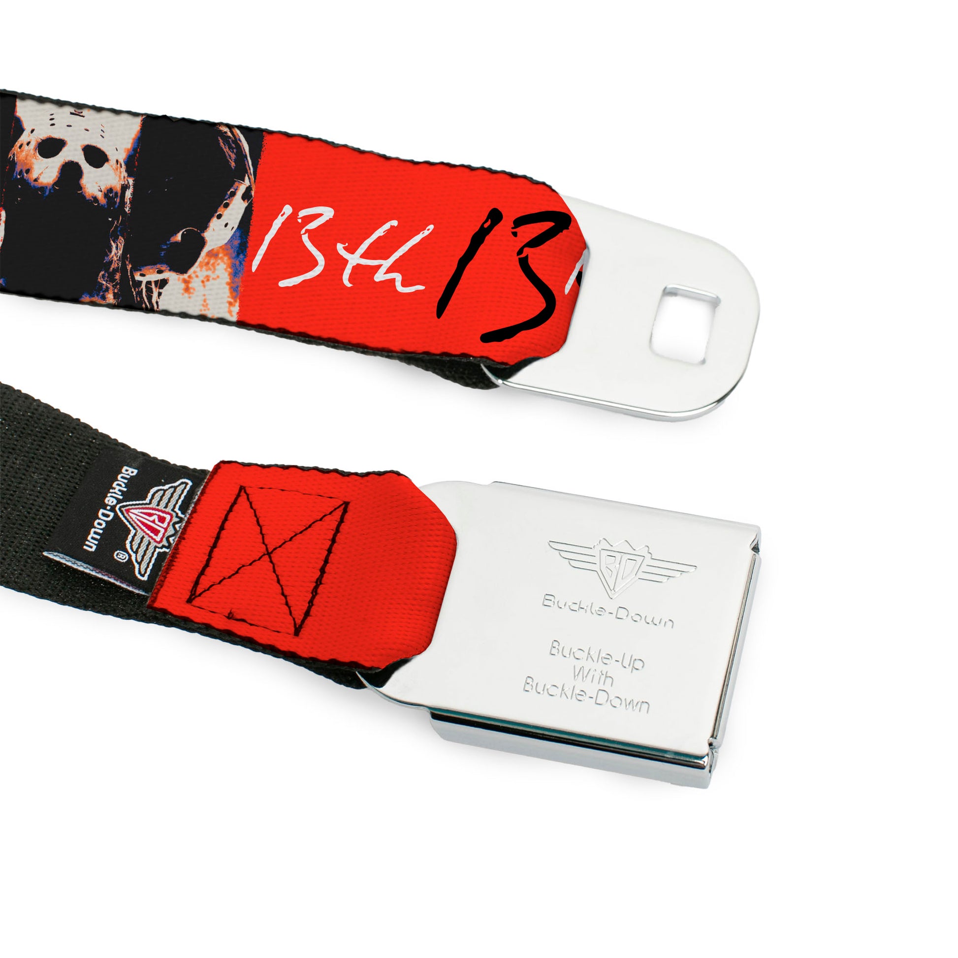 FRIDAY THE 13TH Title Logo Full Color Black/Red/White Seatbelt Belt - FRIDAY THE 13TH Jason Mask and Script Blocks Red/Black/White Webbing Seatbelt Belts Friday the 13th
