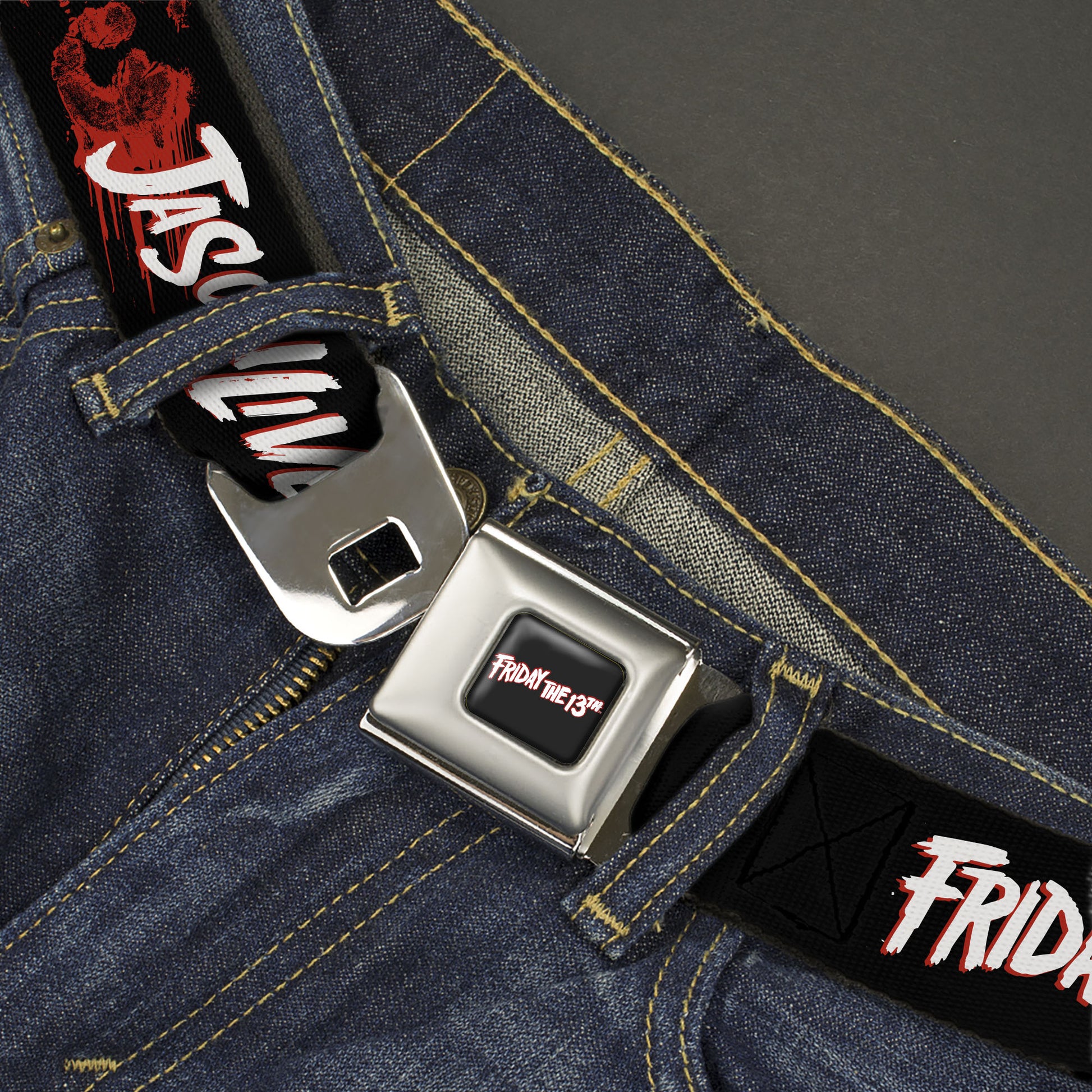 FRIDAY THE 13TH Title Logo Full Color Black/Red/White Seatbelt Belt - FRIDAY THE 13TH JASON LIVES with Hand Print and Mask Black/Red/White Webbing Seatbelt Belts Friday the 13th