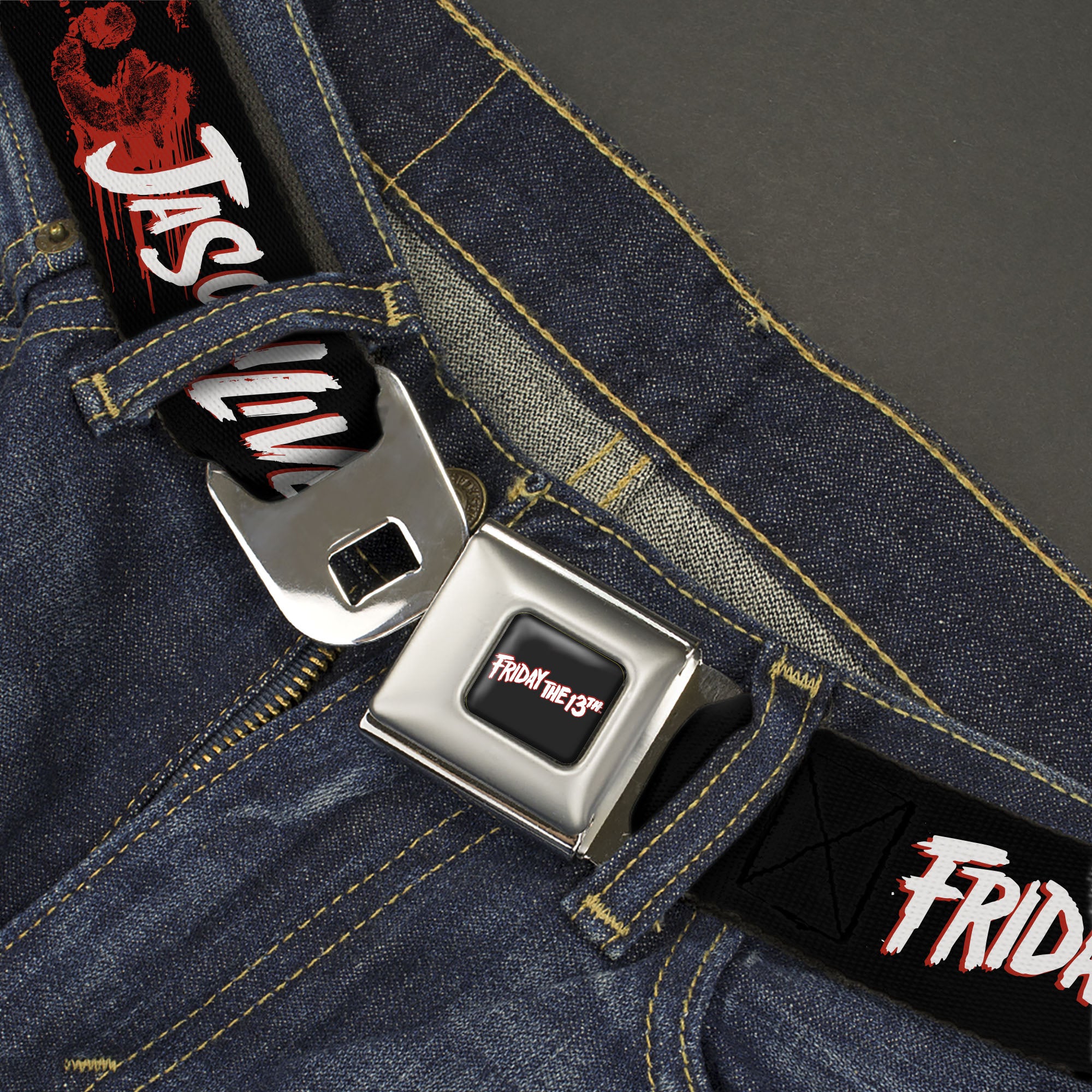 FRIDAY THE 13TH Title Logo Full Color Black/Red/White Seatbelt Belt - FRIDAY THE 13TH JASON LIVES with Hand Print and Mask Black/Red/White Webbing Seatbelt Belts Friday the 13th