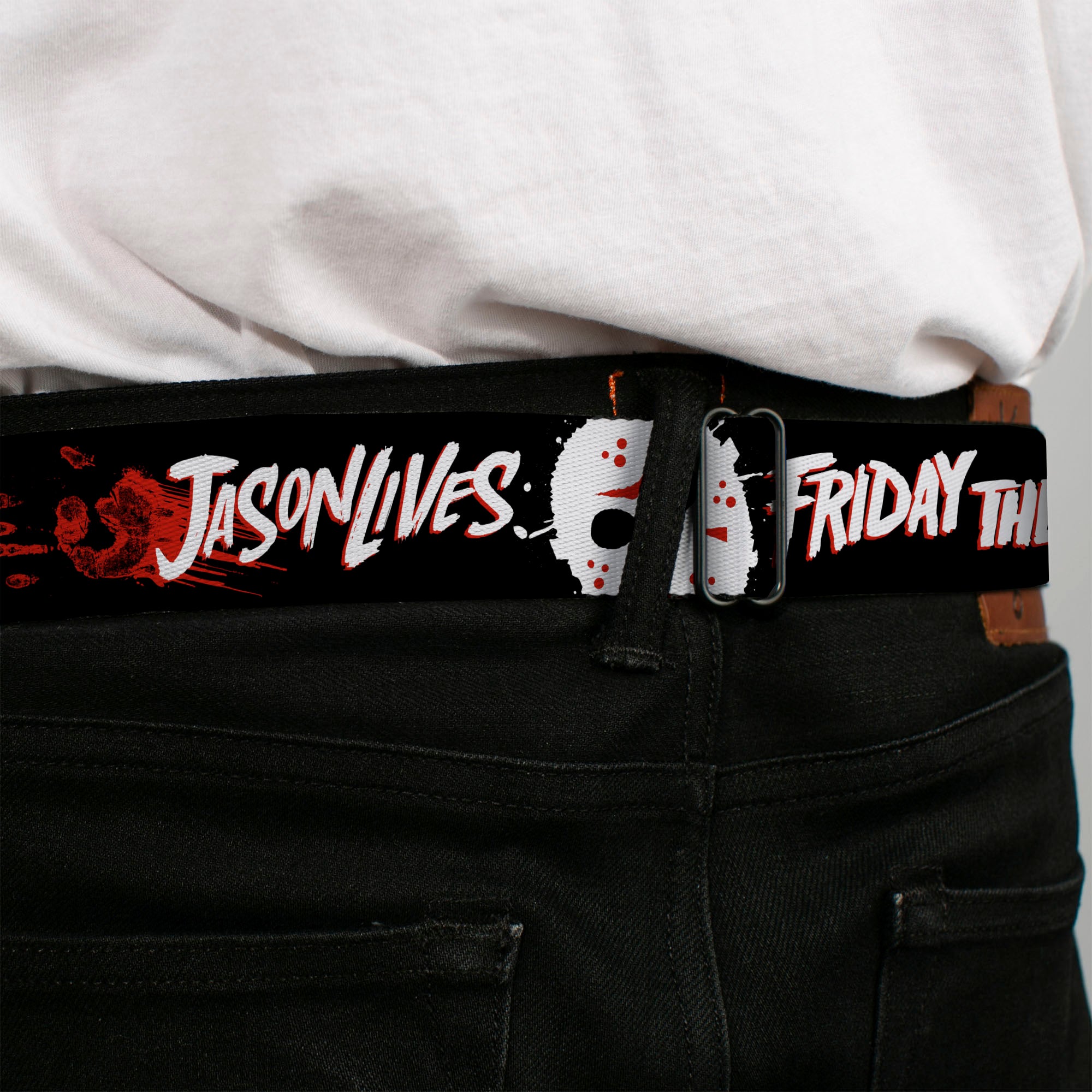 FRIDAY THE 13TH Title Logo Full Color Black/Red/White Seatbelt Belt - FRIDAY THE 13TH JASON LIVES with Hand Print and Mask Black/Red/White Webbing Seatbelt Belts Friday the 13th