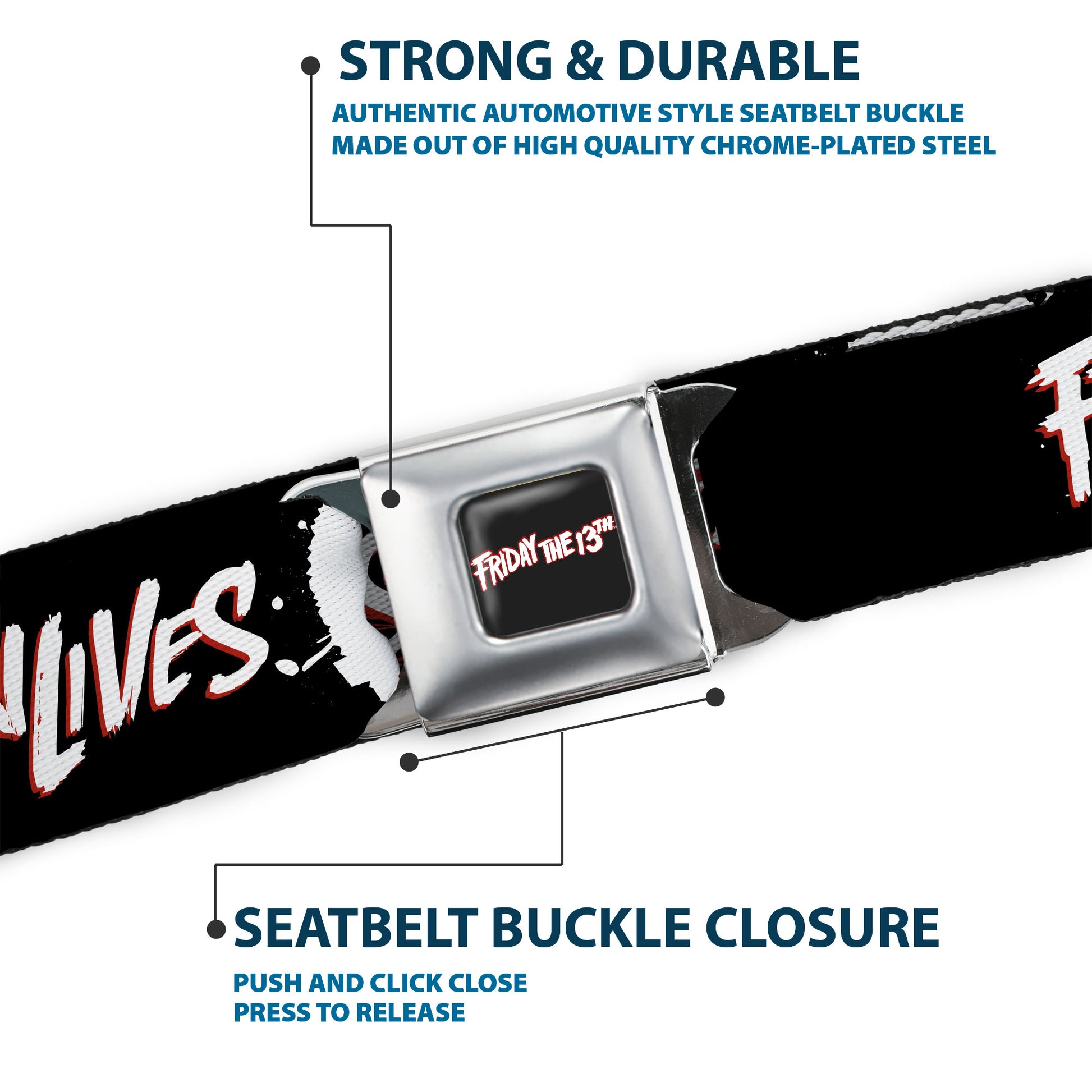 FRIDAY THE 13TH Title Logo Full Color Black/Red/White Seatbelt Belt - FRIDAY THE 13TH JASON LIVES with Hand Print and Mask Black/Red/White Webbing Seatbelt Belts Friday the 13th