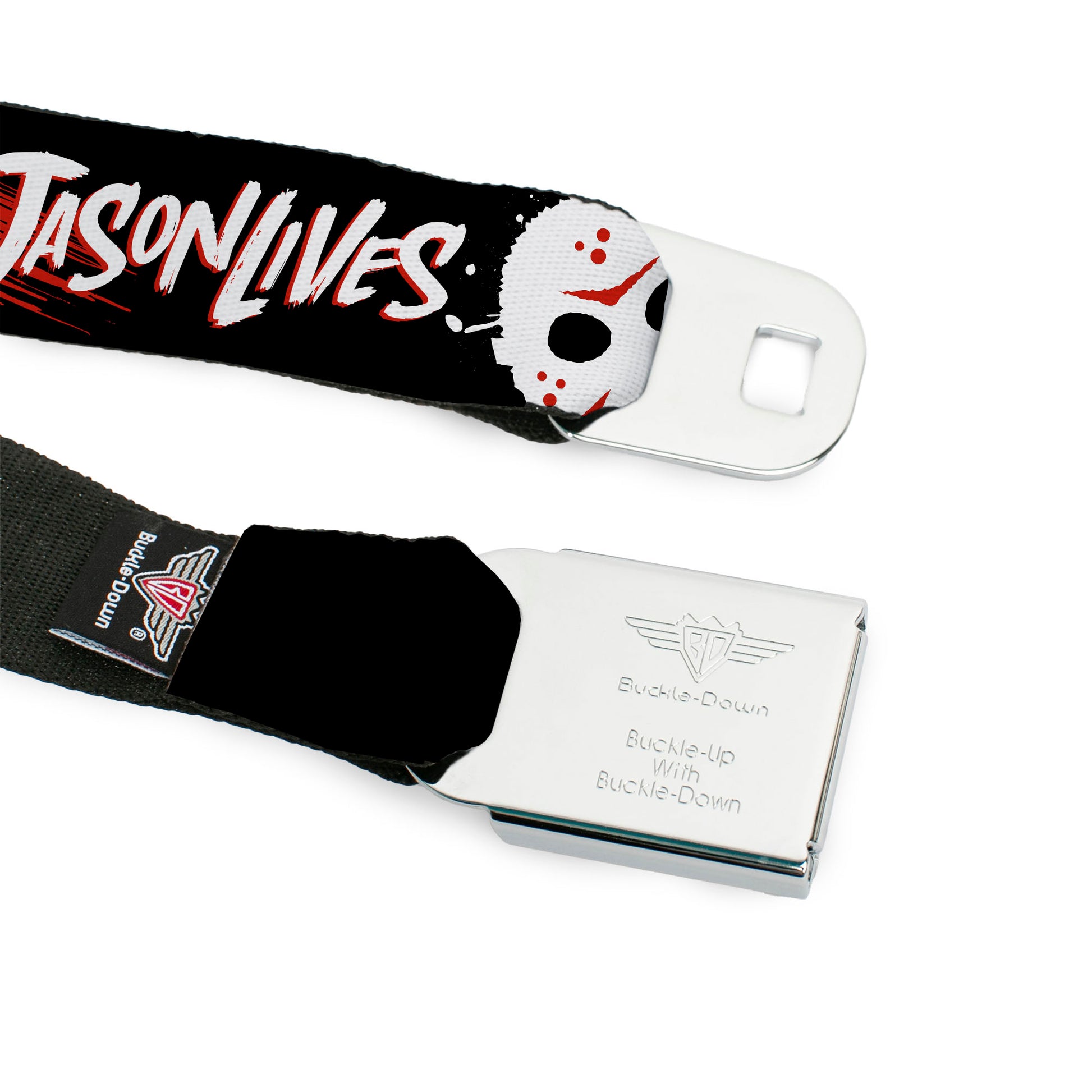 FRIDAY THE 13TH Title Logo Full Color Black/Red/White Seatbelt Belt - FRIDAY THE 13TH JASON LIVES with Hand Print and Mask Black/Red/White Webbing Seatbelt Belts Friday the 13th