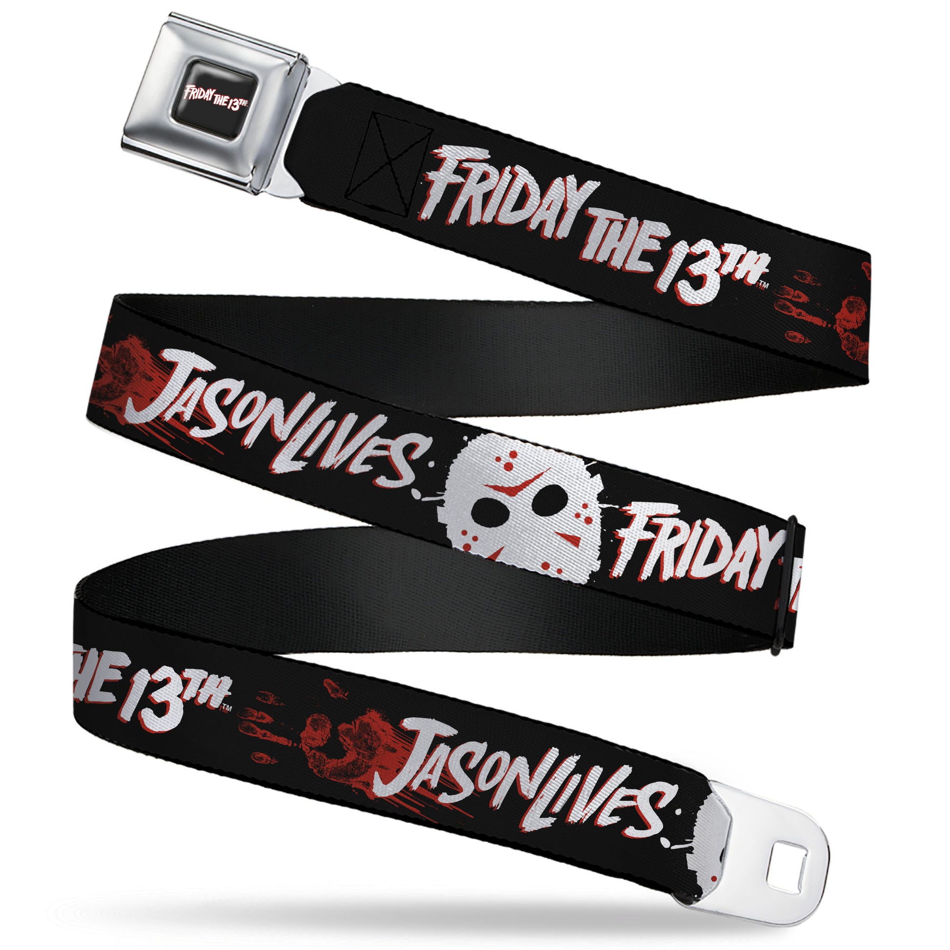 FRIDAY THE 13TH Title Logo Full Color Black/Red/White Seatbelt Belt - FRIDAY THE 13TH JASON LIVES with Hand Print and Mask Black/Red/White Webbing Seatbelt Belts Friday the 13th