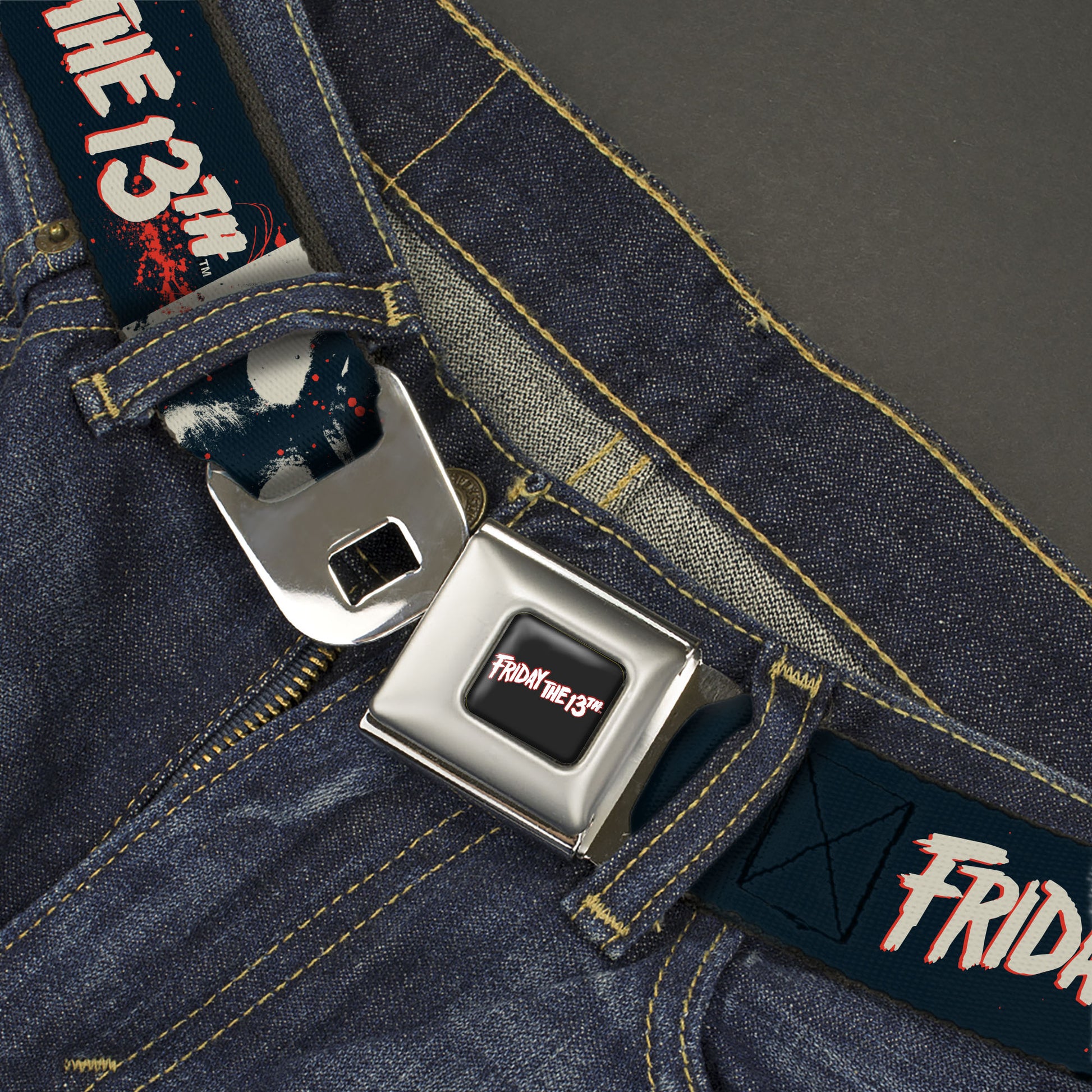 FRIDAY THE 13TH Title Logo Full Color Black/Red/White Seatbelt Belt - FRIDAY THE 13TH JASON Mask and Splatter Black/Red/White Webbing Seatbelt Belts Friday the 13th