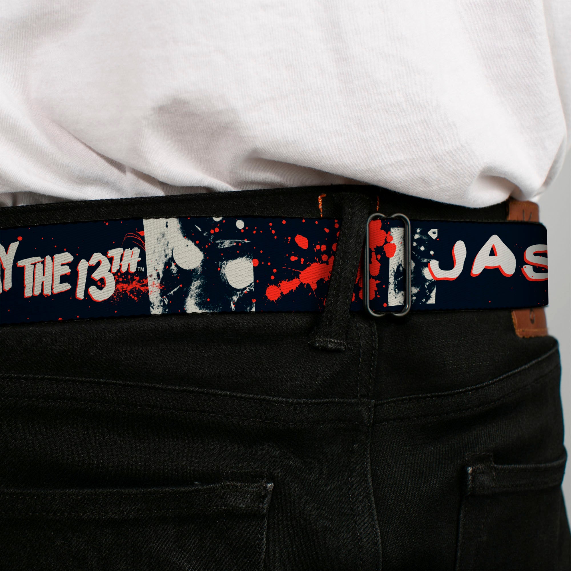 FRIDAY THE 13TH Title Logo Full Color Black/Red/White Seatbelt Belt - FRIDAY THE 13TH JASON Mask and Splatter Black/Red/White Webbing Seatbelt Belts Friday the 13th