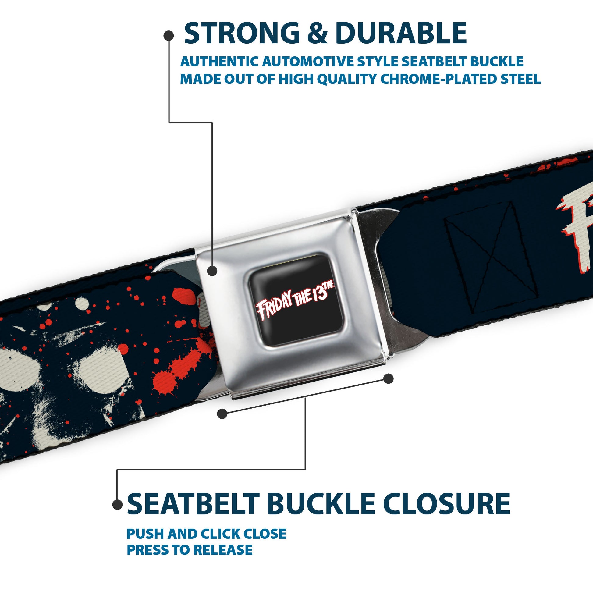 FRIDAY THE 13TH Title Logo Full Color Black/Red/White Seatbelt Belt - FRIDAY THE 13TH JASON Mask and Splatter Black/Red/White Webbing Seatbelt Belts Friday the 13th