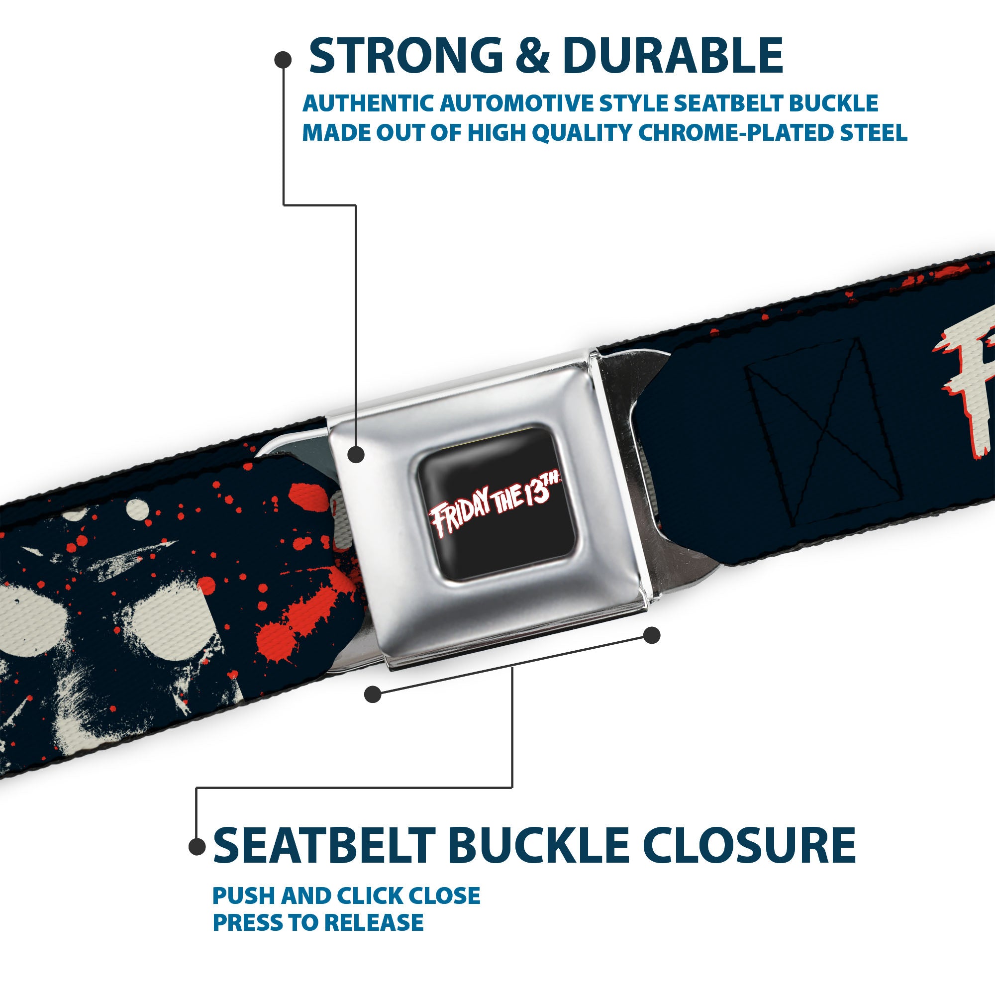 FRIDAY THE 13TH Title Logo Full Color Black/Red/White Seatbelt Belt - FRIDAY THE 13TH JASON Mask and Splatter Black/Red/White Webbing Seatbelt Belts Friday the 13th