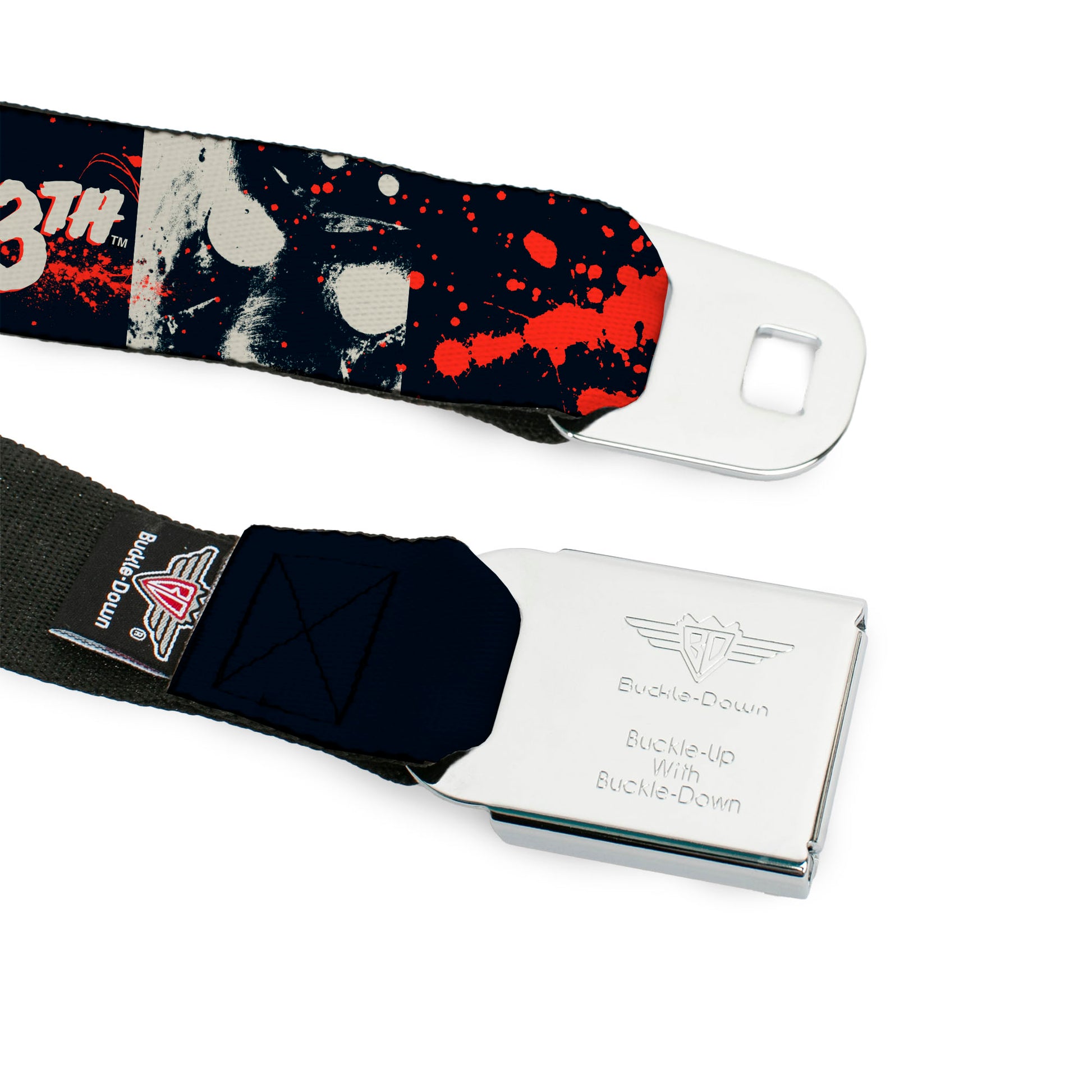 FRIDAY THE 13TH Title Logo Full Color Black/Red/White Seatbelt Belt - FRIDAY THE 13TH JASON Mask and Splatter Black/Red/White Webbing Seatbelt Belts Friday the 13th