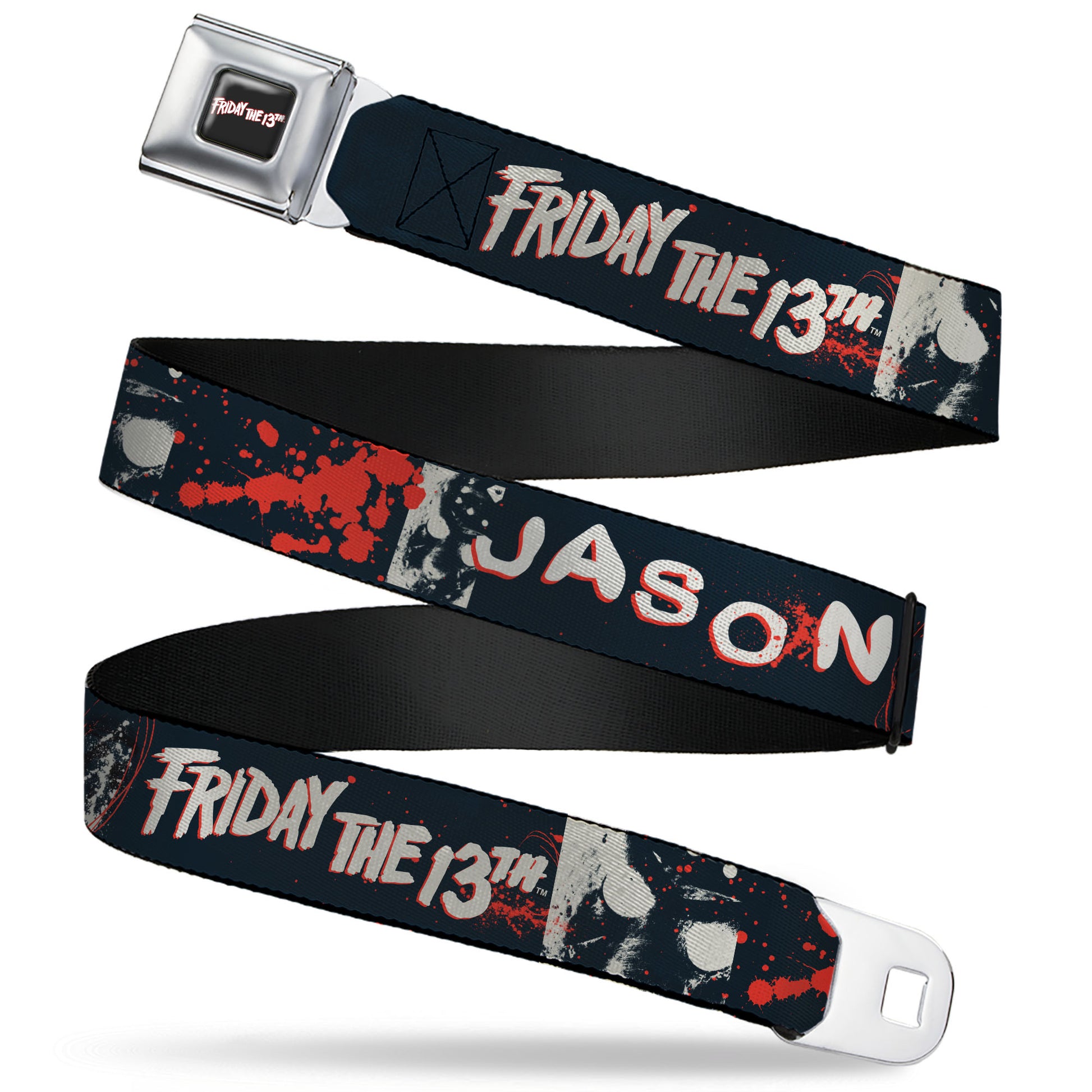 FRIDAY THE 13TH Title Logo Full Color Black/Red/White Seatbelt Belt - FRIDAY THE 13TH JASON Mask and Splatter Black/Red/White Webbing Seatbelt Belts Friday the 13th