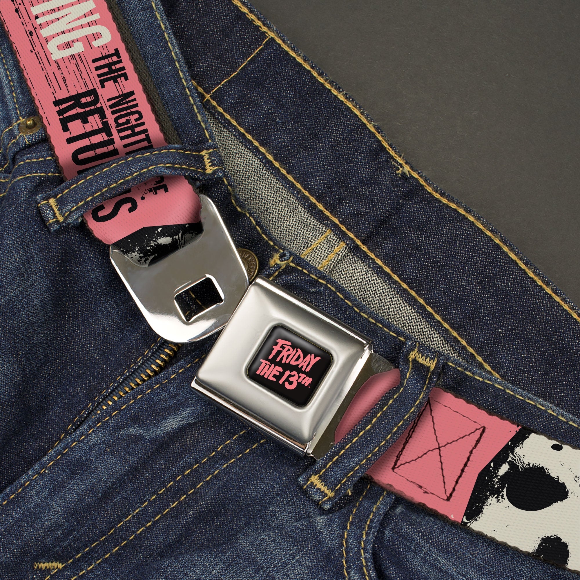 FRIDAY THE 13TH Title Logo Full Color Black/Pink Seatbelt Belt - Friday the 13th HAPPY CAMPING THE NIGHTMARE RETURNS Pink/Black/White Webbing Seatbelt Belts Friday the 13th