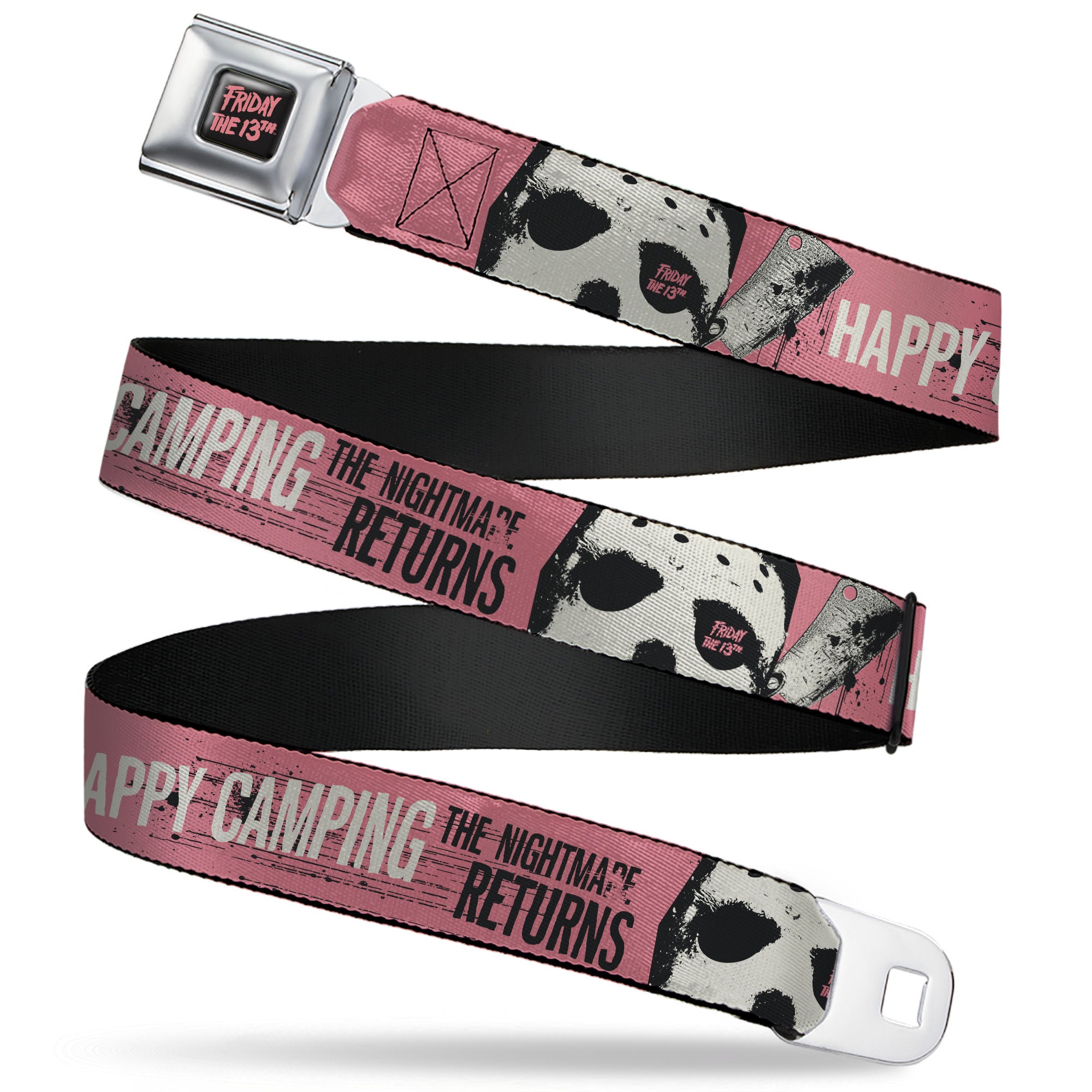 FRIDAY THE 13TH Title Logo Full Color Black/Pink Seatbelt Belt - Friday the 13th HAPPY CAMPING THE NIGHTMARE RETURNS Pink/Black/White Webbing Seatbelt Belts Friday the 13th