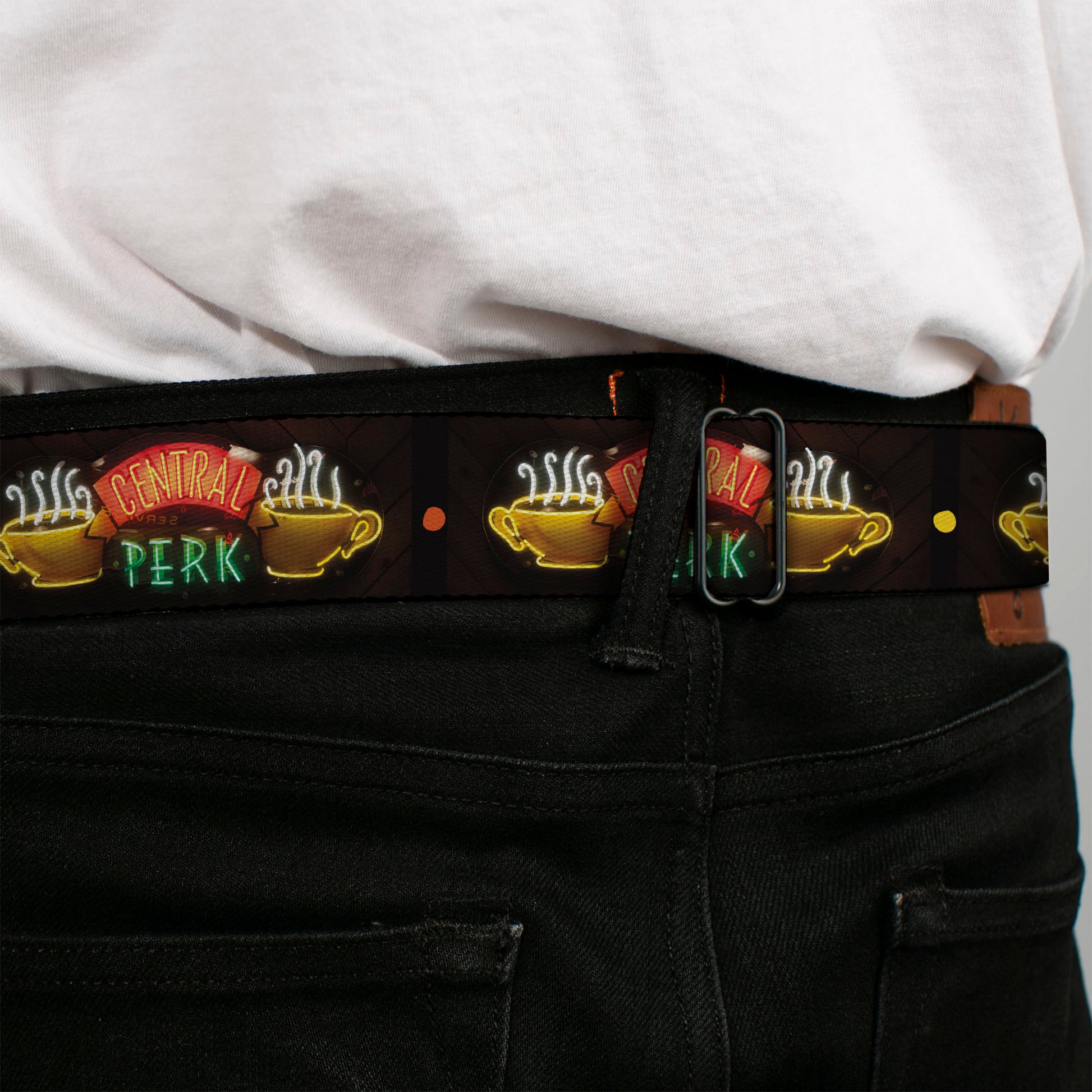 FRIENDS Logo Full Color Black/White/Multi Color Seatbelt Belt - Friends CENTRAL PERK Neon Sign Webbing Seatbelt Belts Friends