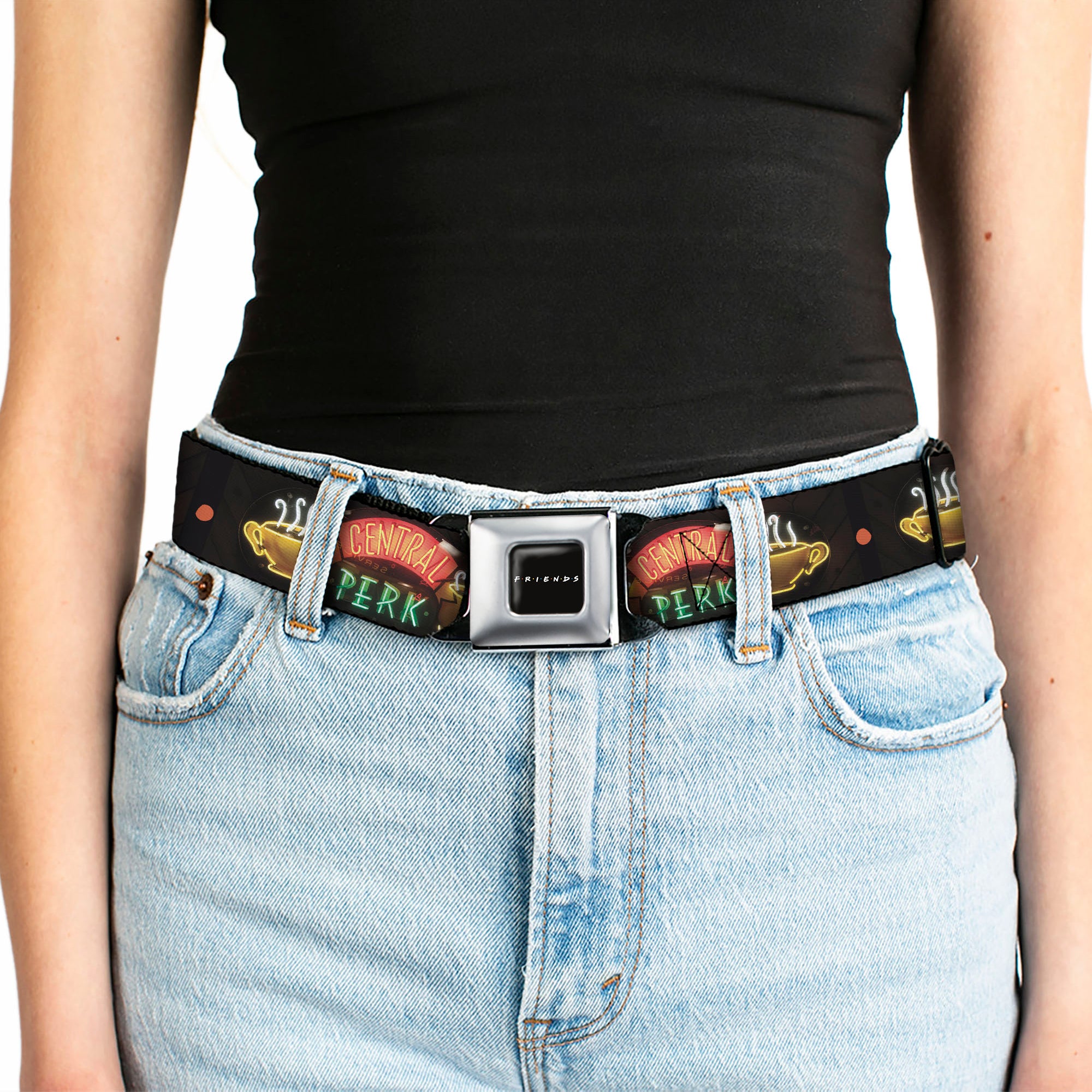 FRIENDS Logo Full Color Black/White/Multi Color Seatbelt Belt - Friends CENTRAL PERK Neon Sign Webbing Seatbelt Belts Friends