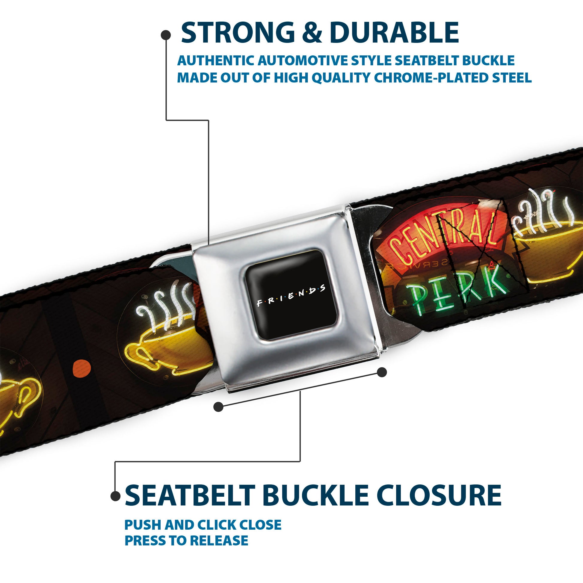 FRIENDS Logo Full Color Black/White/Multi Color Seatbelt Belt - Friends CENTRAL PERK Neon Sign Webbing Seatbelt Belts Friends
