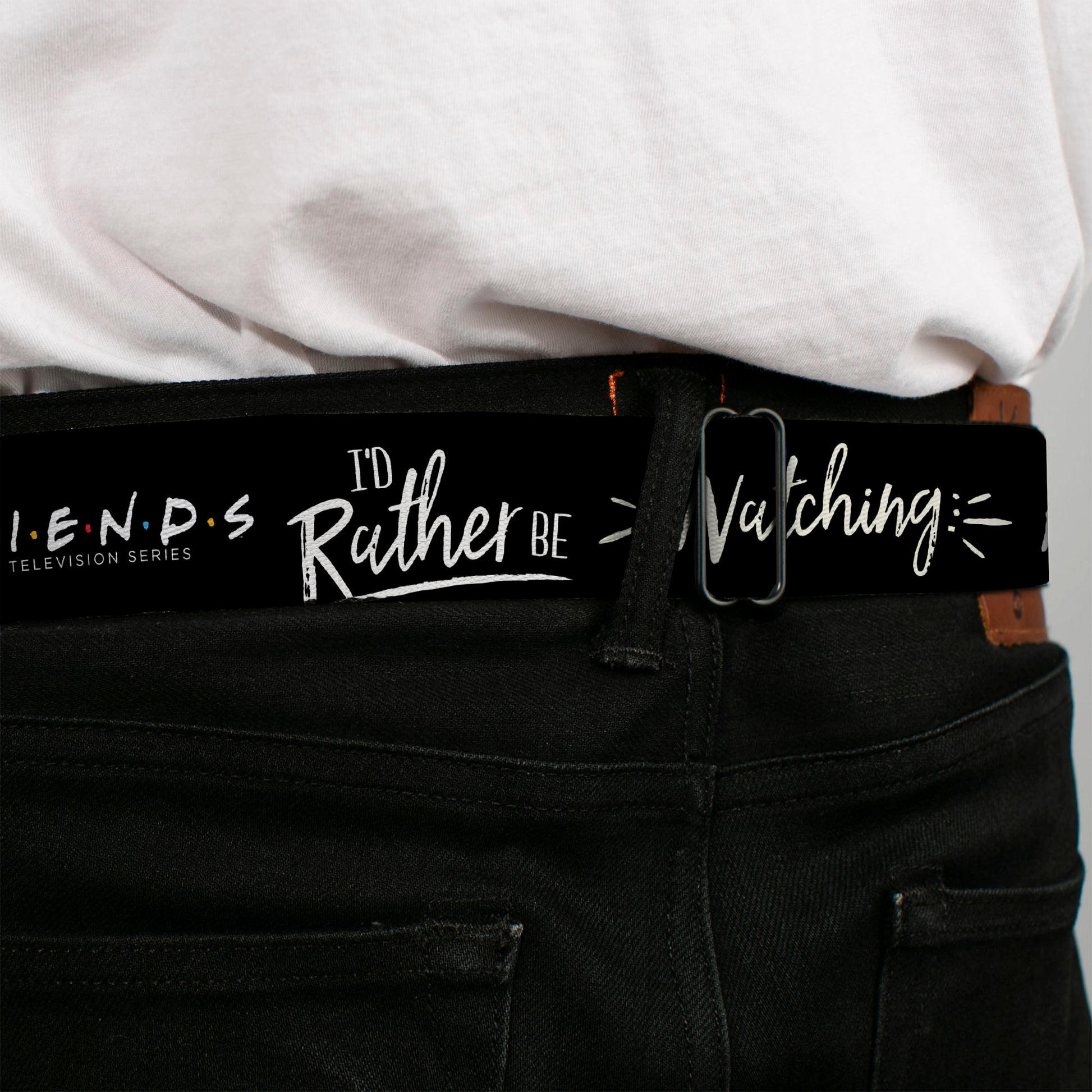 Friends Couch I'D RATHER BE WATCHING FRIEND THE TELEVISION SERIES Full Color Black/White/Multi Color Seatbelt Belt - Friends I'D RATHER BE WATCHING FRIEND THE TELEVISION SERIES Black/White/Multi Color Webbing Seatbelt Belts Friends