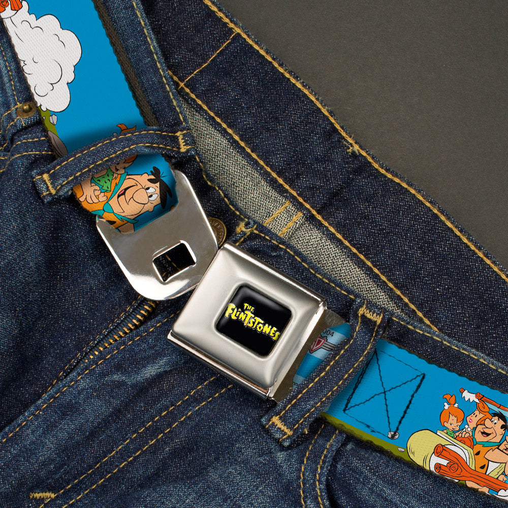 THE FLINTSTONES Logo Full Color Black Yellow Seatbelt Belt - The Flintstones and Rubbles Group Pose/Logo Blue Webbing Seatbelt Belts The Flintstones