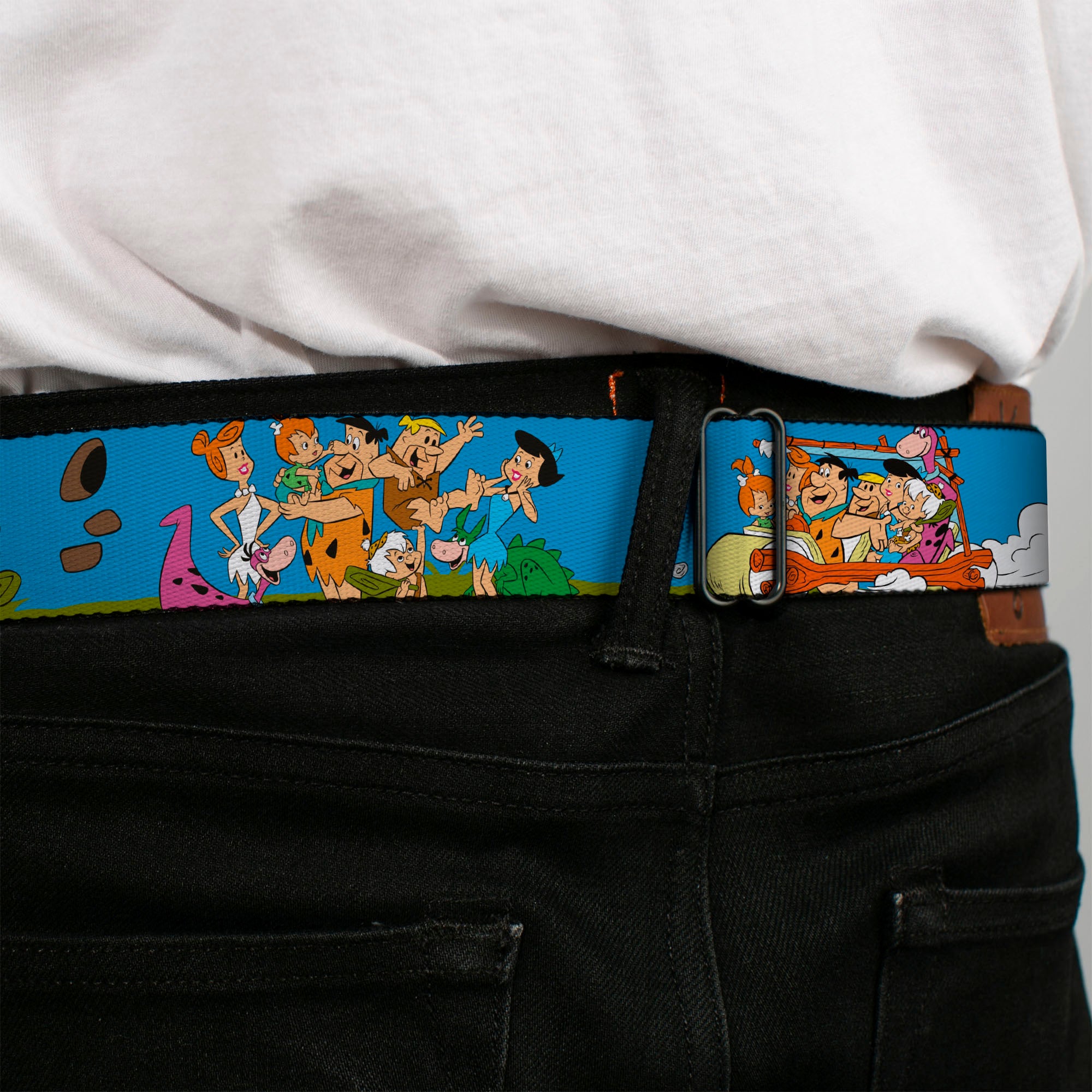 THE FLINTSTONES Logo Full Color Black Yellow Seatbelt Belt - The Flintstones and Rubbles Group Pose/Logo Blue Webbing Seatbelt Belts The Flintstones