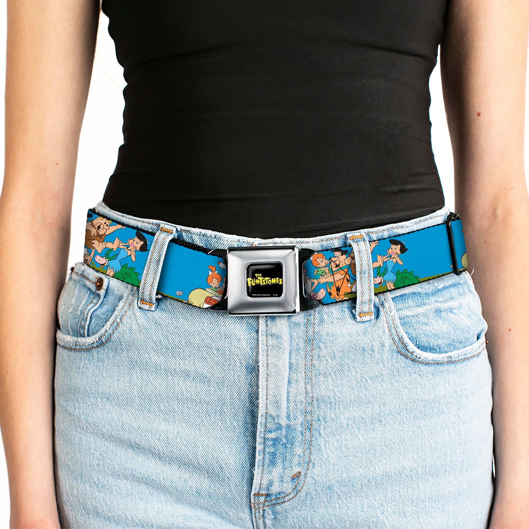 THE FLINTSTONES Logo Full Color Black Yellow Seatbelt Belt - The Flintstones and Rubbles Group Pose/Logo Blue Webbing Seatbelt Belts The Flintstones