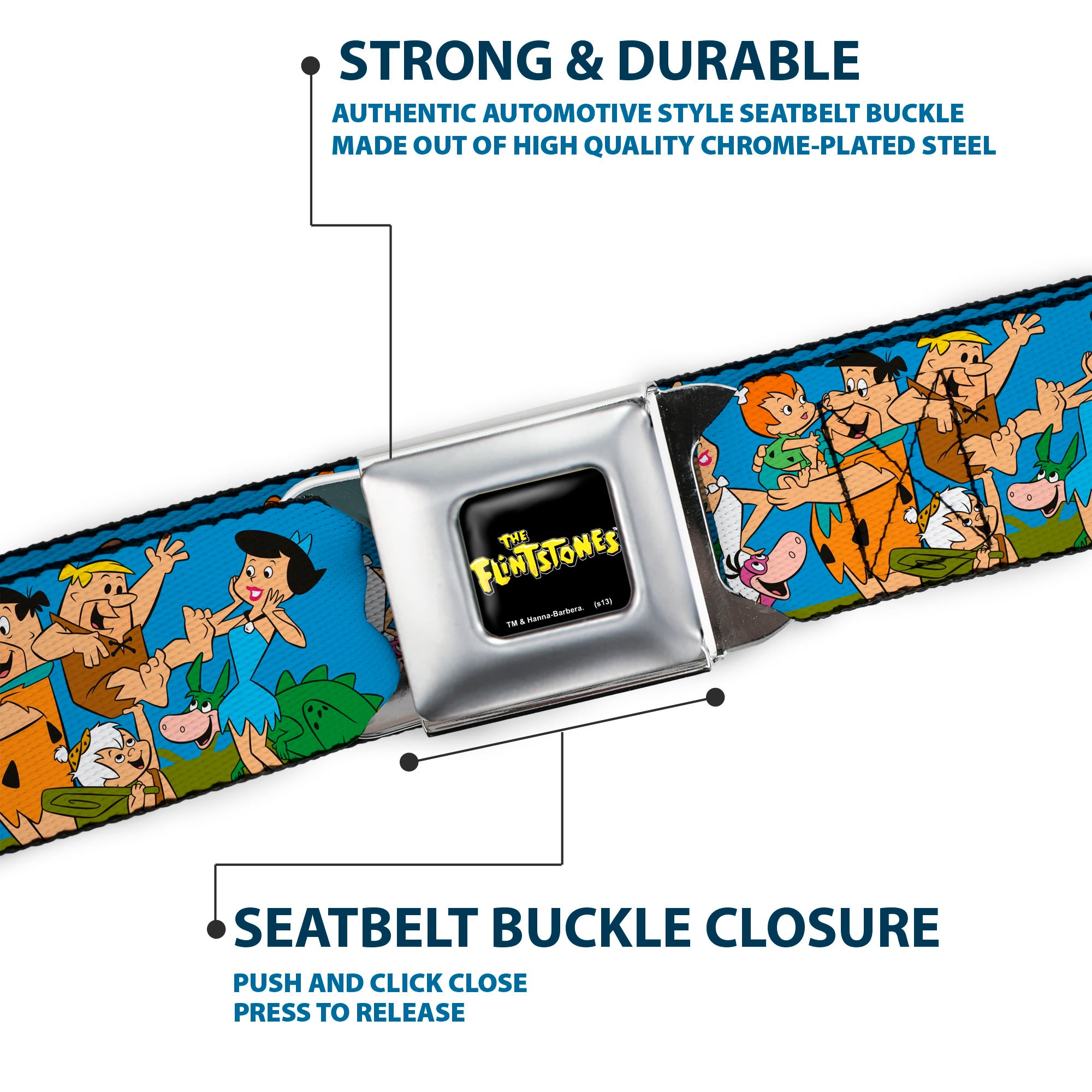 THE FLINTSTONES Logo Full Color Black Yellow Seatbelt Belt - The Flintstones and Rubbles Group Pose/Logo Blue Webbing Seatbelt Belts The Flintstones