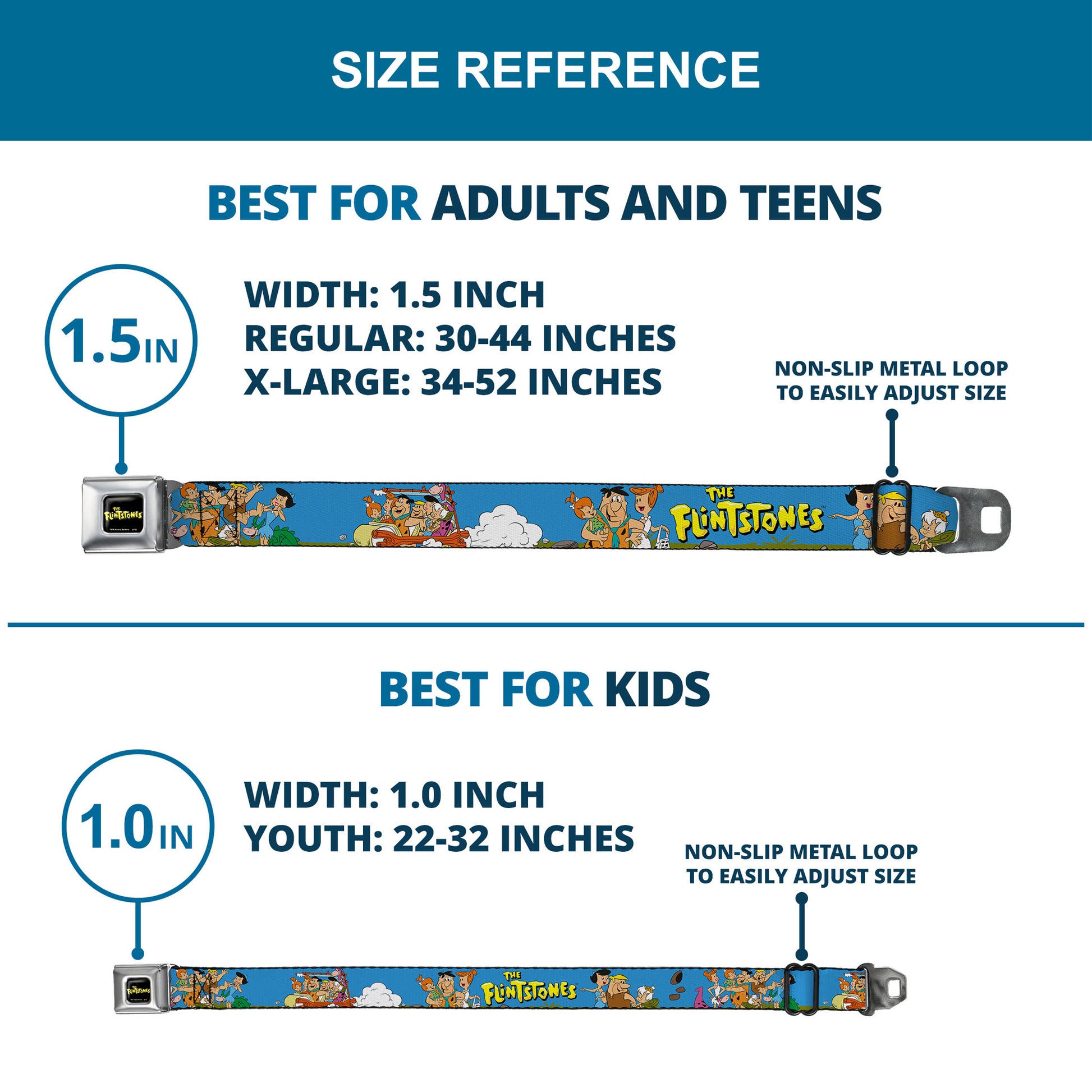 THE FLINTSTONES Logo Full Color Black Yellow Seatbelt Belt - The Flintstones and Rubbles Group Pose/Logo Blue Webbing Seatbelt Belts The Flintstones