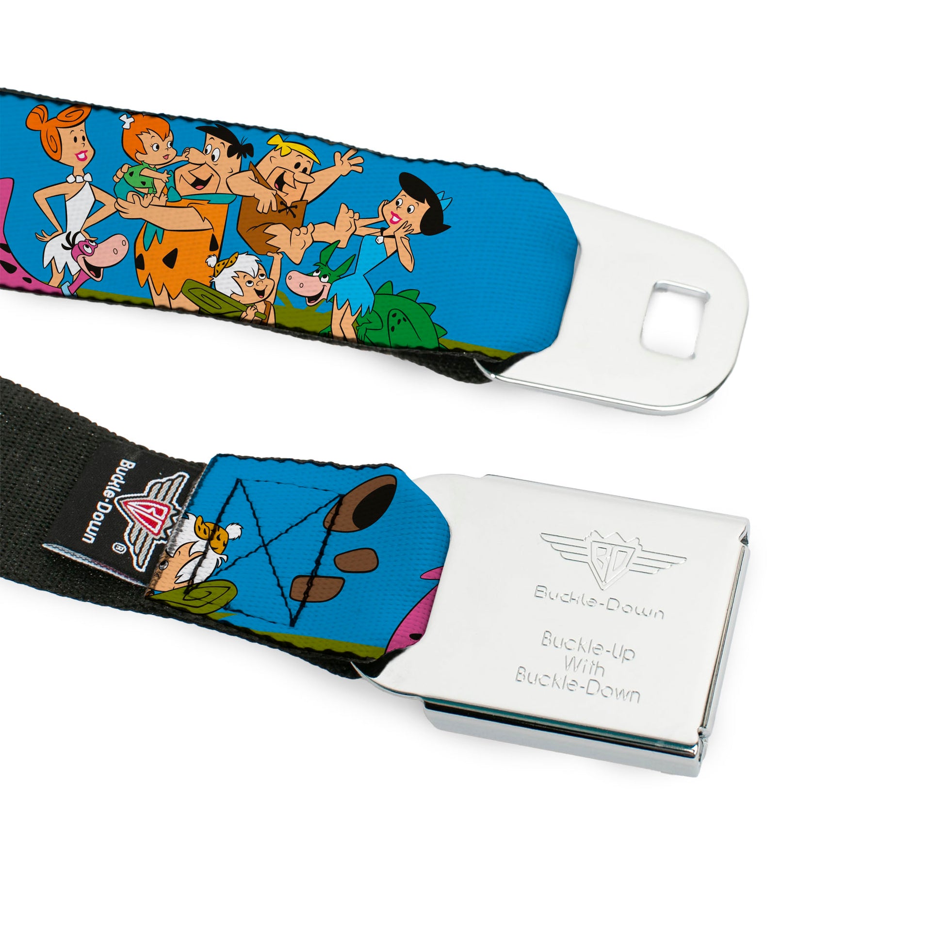 THE FLINTSTONES Logo Full Color Black Yellow Seatbelt Belt - The Flintstones and Rubbles Group Pose/Logo Blue Webbing Seatbelt Belts The Flintstones