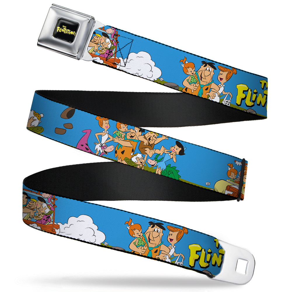 THE FLINTSTONES Logo Full Color Black Yellow Seatbelt Belt - The Flintstones and Rubbles Group Pose/Logo Blue Webbing Seatbelt Belts The Flintstones