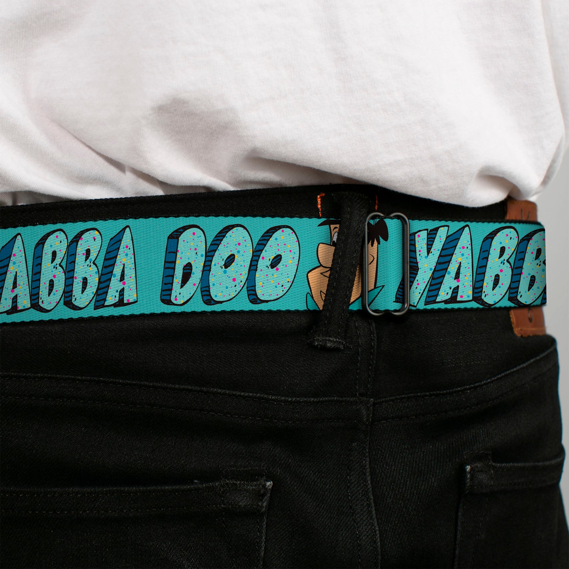 THE FLINTSTONES Logo Full Color Black Yellow Seatbelt Belt - Fred Face YABBA DABBA DOO Blues Webbing Seatbelt Belts The Flintstones