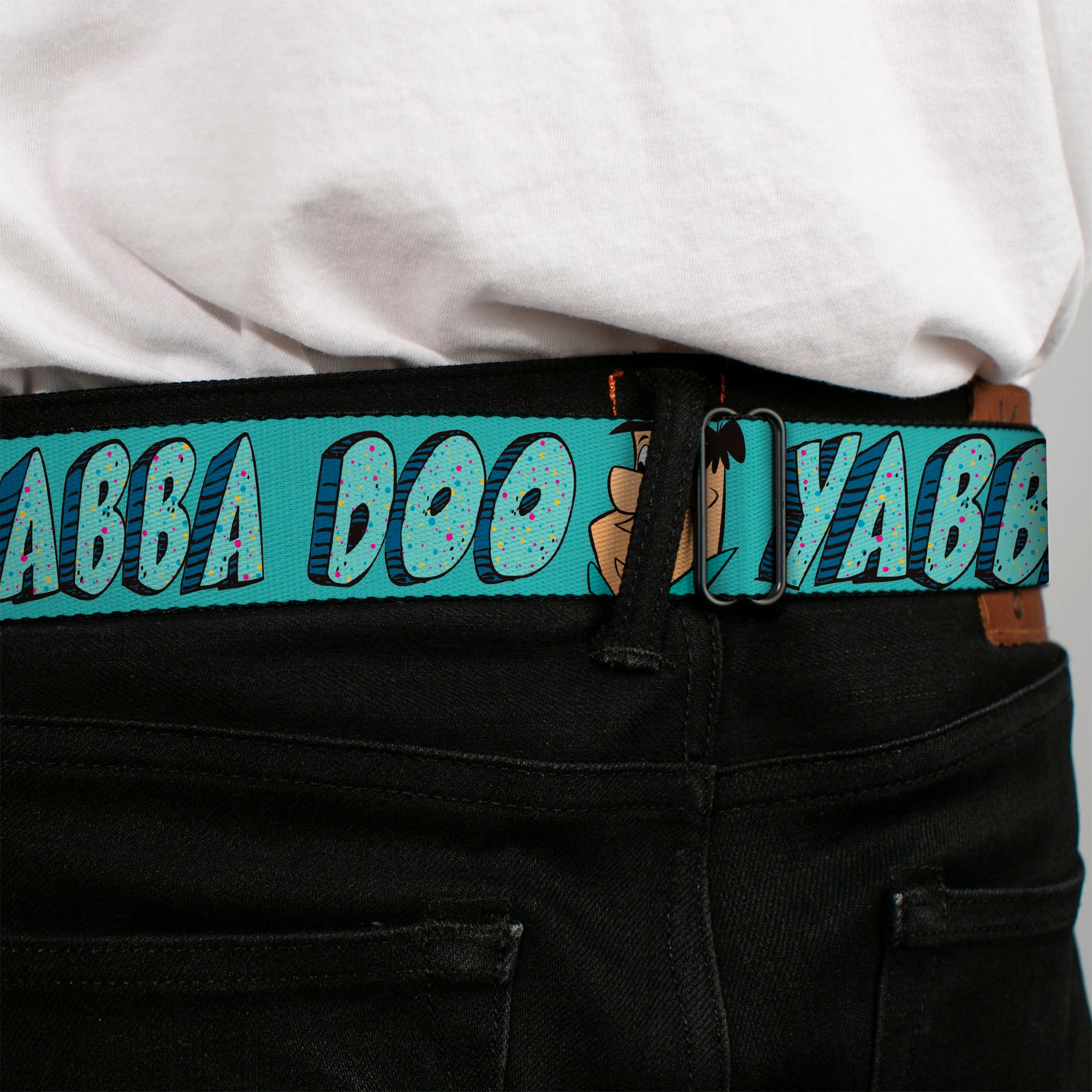 THE FLINTSTONES Logo Full Color Black Yellow Seatbelt Belt - Fred Face YABBA DABBA DOO Blues Webbing Seatbelt Belts The Flintstones
