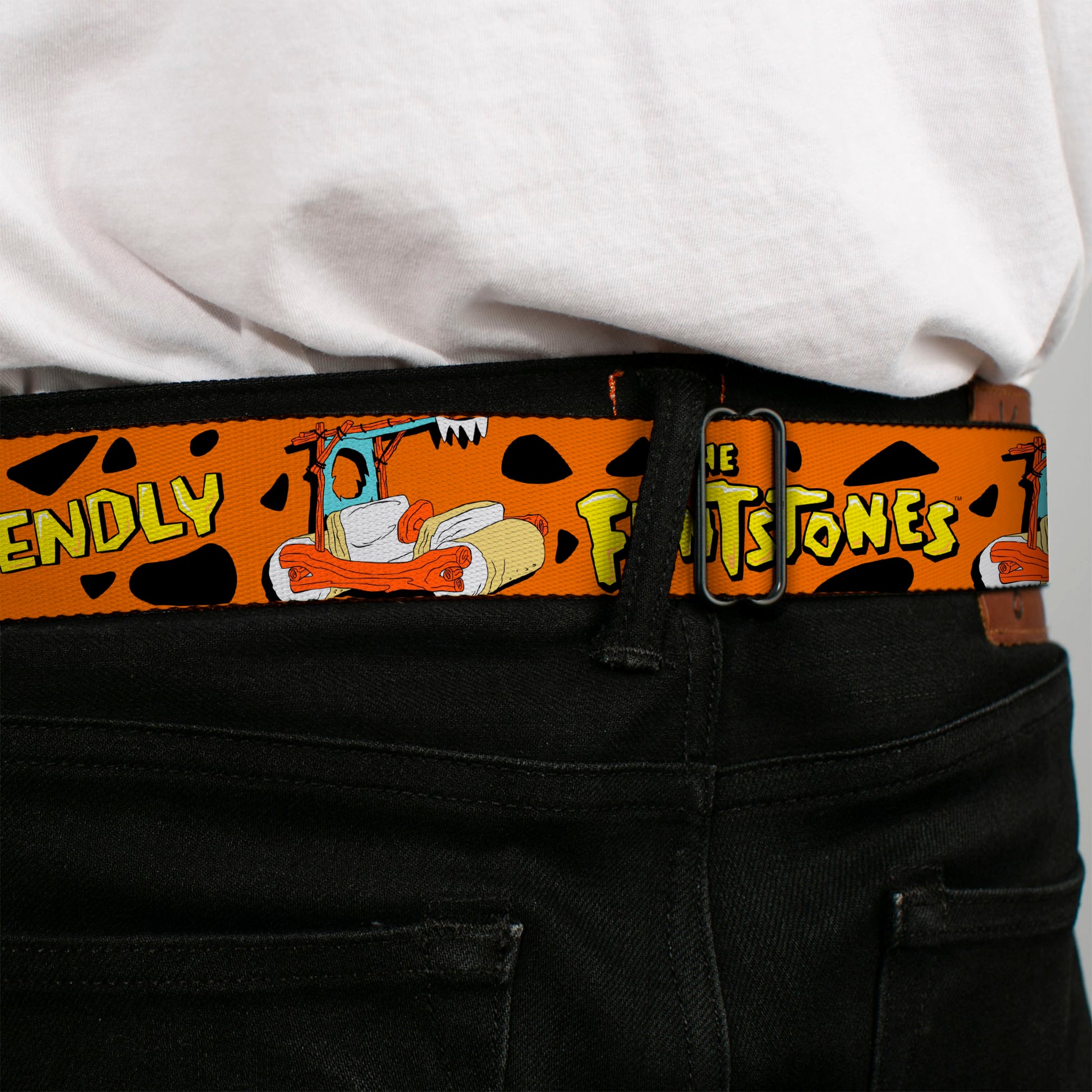 THE FLINTSTONES Logo Full Color Black Yellow Seatbelt Belt - Flintmobile/ECO-FRIENDLY Orange/Black Webbing Seatbelt Belts The Flintstones