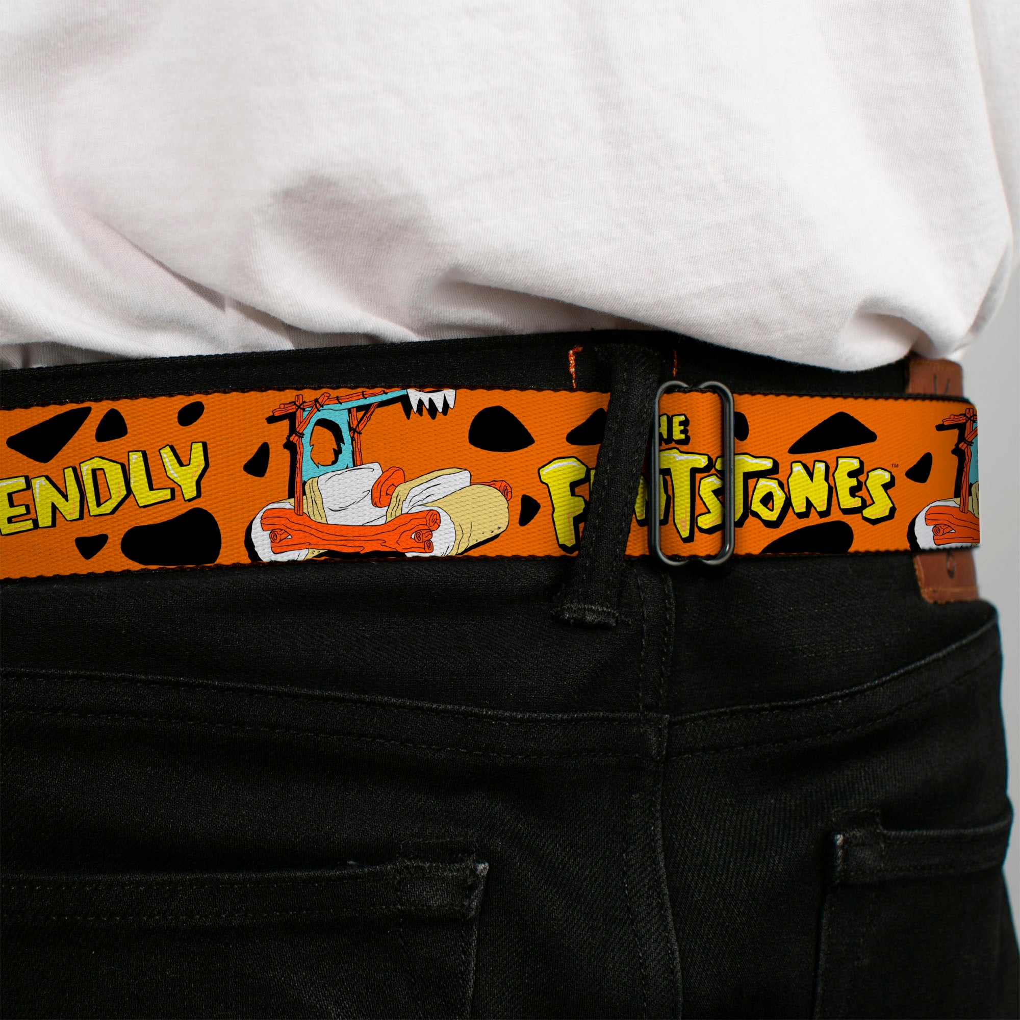 THE FLINTSTONES Logo Full Color Black Yellow Seatbelt Belt - Flintmobile/ECO-FRIENDLY Orange/Black Webbing Seatbelt Belts The Flintstones