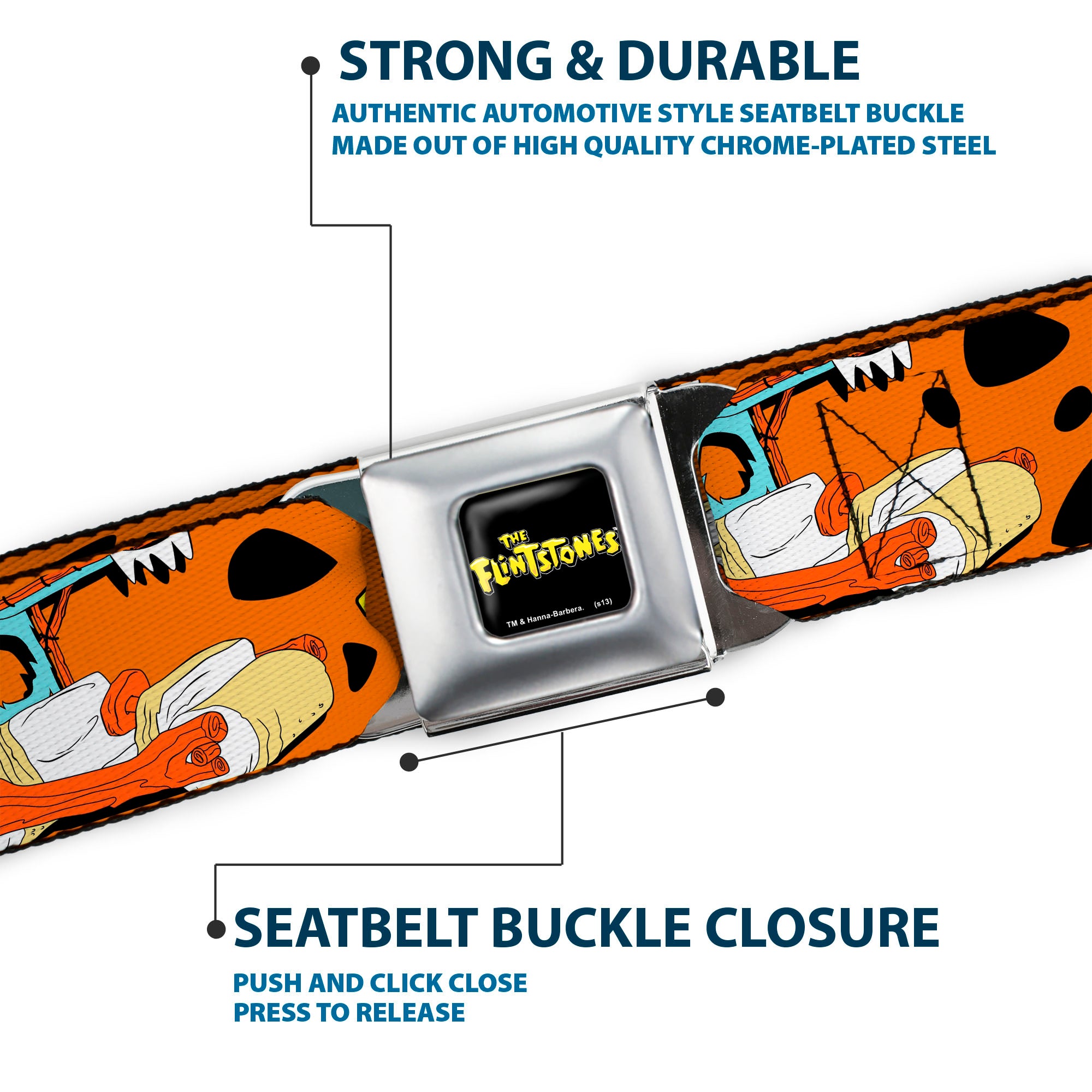 THE FLINTSTONES Logo Full Color Black Yellow Seatbelt Belt - Flintmobile/ECO-FRIENDLY Orange/Black Webbing Seatbelt Belts The Flintstones